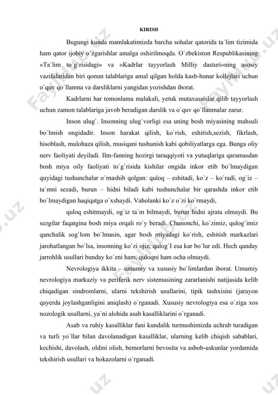 y nevrologiya esa o`ziga xos nozologik usullarni, ya`ni alohida asab kasalliklarini o`rganadi. asab va ruhiy kasalliklar fani kundalik turmushimizda uchrab turadigan va turli yo`llar bilan davolanadigan kasalliklar, ularning kelib chiqish sabablari, kechishi, davolash, oldini olish, bemorlarni bevosita va asbob-uskunlar yordamida tekshirish usullari va hokazolarni o`rganadi. keyingi paytlarda asab va ruhiy kasalliklar ko`payganligi oqibatida shunday darslik va o`quv qo`llanmalarga talab kuchaydi. shularni e`tiborga olgan holda ushbu o`quv qo`llanma to`ldirilib, qayta ishlangan holda qayta chop etilmoqda. kitobdagi mavzularni yoritishda internet yangiliklari, shu sohaga oid chop etilgan adabiyotlardan foydalanildi. nevrologiya faniga bundan ming yil ilgari abu ali ibn sino asos solgan bo`lib, faqat xix asr oxiri, xx asr boshlariga kelib yevropa tibbiyotida nevrologiya fan sifatida ajralib chiqdi. abu ali ibn sino birinchi bo`lib umumiy nevrologiya bilan xususiy nevrologiyani ajratgan, inson a`zolarining faoliyatini ularning tuzilishi bilan chambarchas bog`liq ravishda bayon qilib bergan. shu bilan birga a`zolarni bosh miya va itoatkor a`zolarga bo`lib chiqqan, bosh …