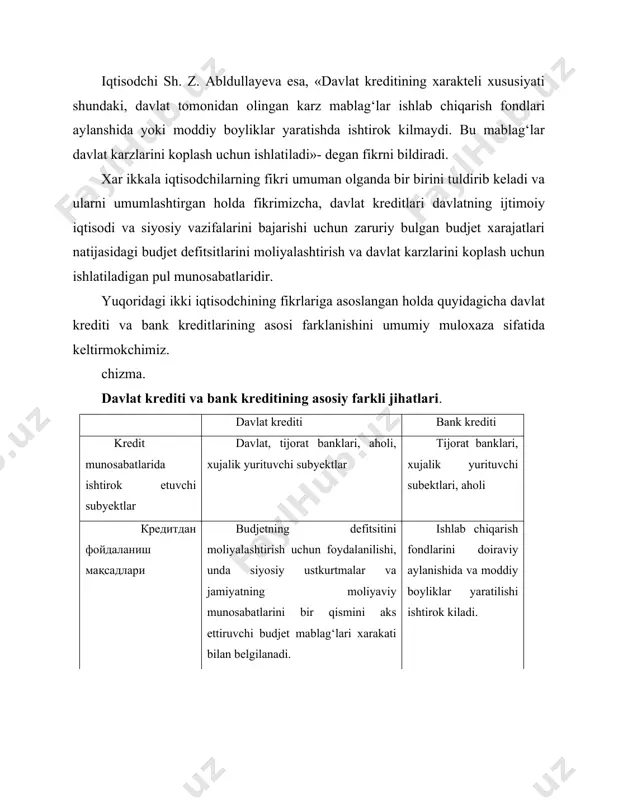 arayonida shakillangan daromadlarning va pul fondlarining bir qismi tug‘ri keladi. asosiy bunday moliyaviy resurslar aholi, korxona va muassasalarining bush turgan mablag‘lari bulib hisoblanadi. davlatning kushimcha moliya resurslarini shakillanishi- aholi, korxona va muassalarning vaktinchalik bush turgan pul mablag‘laridan jalib qilish davlat kredit munosabatlarining bir tomoni bulib hisoblanadi. ikkinchi tomoni bu kushimcha jalb qilingan resurslar qaytarilishi, tulovchanligi bilan bog‘liq moliyaviy munosabatlar hisoblanadi. jalb qilingan kredit resurslari bo‘yicha daromadlar budjetning daromadlari hisobiga kreditorlarga beriladi. davlat kimmatli kogozlari egalari doirasi soliq tulovchilarning doirasi bilan tug‘ri kelmaydi. agarda shunday tasavvur kilsak, soliq tulovchilarning koptingenti kimmatli kogozlar egalari koptingentlar bilan teng bulsada, lekin ularning strukturaviy tug‘ri kelmasligi mavjud buladi; ya’ni xar bir kimmatli kogozlar egalaridan budjetga soliq tulovchilarning xajmi ularning davlat kredit munosabatlaridan olayotgan daromadlari darajasiga tug‘ri kelmaydi. demak, davlat krediti munosabatlarining ikkinchi bir tomoni u qayta taqsimlash xarakteriga egaligidir. davlat krediti munsabatlarinig obyektiv asoslari, jamiyatning ehtiyojlarini kondirish miqdori va davlat budjet daromadlarini bunday ehtiyojlarni tulakonli …