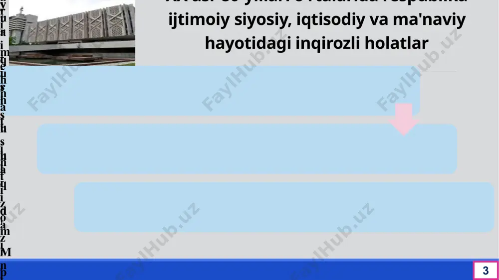 irildi va ziyolilar ham ta'qib ostiga olindi. o'zbekiston kp mqning 1984 yildagi xvi plenumi markazning "sog'lomlashtirish" borasidagi tadbirlarini quvvatlagan holda, respublikada yuzaga kelgan salbiy vaziyatda partiya ko'rsatmalariga to'la amal qilmagani uchun ziyolilarni ham aybladi. ulardan sovet turmush tarzini ulug'lovchi asarlar talab etilib, ijodiy uyushmalar faoliyati qattiq mafkuraviy nazoratga olindi. 8 1983 yil sentyabrda sssr bosh prokurori а.rekunkov topshirig’iga ko’ra, sssr prokuraturasining alohida muhim ishlar bo’yicha tergovchisi t.gdlyan boshchiligida malakatning turli mintaqalaridan to’plangan 200 kishidan iborat tergov guruhi tuzilib, o’zbekistonda faoliyat boshlaydi. markazdan respublikamizga yuborilgan tekshiruvchilar esa mahalliy shart – sharoitni hisobga olmay, o’zbek xalqining milliy manfaatlari, madaniyati, qadr – qimmatini paymol etadi. o’zbekiston ssr kp mq, respublika ministrlar soveti, o’zbekiston ssr jliy soveti, o’zbekiston ssr prokuraturasi, o’zbekiston ssr iib kabi muhim boshqaruv bo’g’nlari shunday kadrlarning qo’liga o’tadi. ular respublikadagi ijtimoiy – siyosiy vaziyatni yanada keskinlashtirib yuboradi. natijada, “o’zbekiston tergov usullari o’tkaziladigan “maydon”ga aylanib qoladi. o’zbekistonda “o’zbeklar ishi” deb nomlangan qatag’onning …
