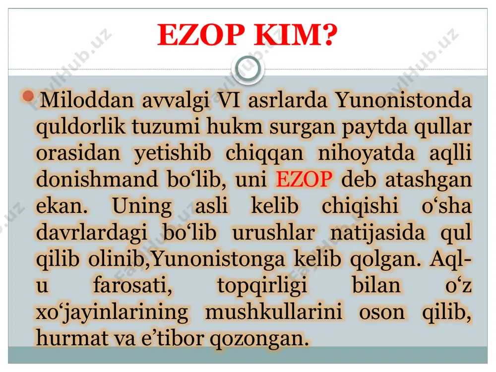 majoziy xarakterdagi qisqa hikoyacha bo‘lib, nasriy yoki she’riy shaklda yoziladi. uning asosiy qahramonlari turli hayvonlar, narsa-buyumlardan iboratdir. bular ramziy-majoziy ma’noda qo‘llanilib. insonlar fe’l-atvoridagi turli xususiyatlarga ishora sifatida keltiriladi. masalning asosiy jihati shuki, u to‘liq ma’noda tarbiyaviy maqsadga yo‘naltiriladi. topshiriq quyidagi hikmatlarga mos masalning nomini yozing. shart 21 bilimingizni sinash uchun savol! miloddan avvalgi vi asrda quldorlik tuzumi paytidayunonistondan qullar orasidan yetishib chiqqan donishmand kim? ezop xo’jayini ksanfga qanday yordam ko’rsatadi va yordami evaziga qanday mukofot oladi? masal qanday shakllarda yoziladi? majoziy shakldagi ibratli hikoyalar o’zbek adabiyotida kimning asarlarida uchraydi? ezop masallarini she’riy yo’l bilan lotin tiliga tarjima qilgan kim? e’tiboringizdan xursandmiz! audio1.wav image3.jpeg image4.jpeg image5.jpeg image6.jpeg image7.jpeg image8.jpeg image9.png image10.jpeg image11.jpeg image12.jpeg image13.jpeg image14.jpeg image15.jpeg image16.jpeg image17.gif image18.jpeg image19.jpeg image20.png image21.jpeg image22.jpeg image23.jpeg image24.jpeg image25.png image26.png image27.png image28.png image29.png image30.jpeg image31.png image32.gif /docprops/thumbnail.jpeg