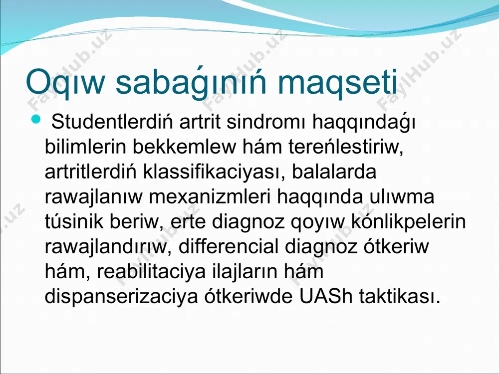 qlaw hám belgilew. buwın sindromı bir yamasa birneshe buwınlardıń patologiyalıq processke tartılıwında rawajlanatuǵın simptomokompleks buwın sindromı dep ataladı. buwın sindromı buwındaǵı awırıw azandaǵı sheklengenlik háreketlerdi sheklew defiguraciya – (isik) deformaciya epidemiologiya awırıw sindromi - shıpakerge múrájat etiwdiń eń kóp ushırasatuǵın sebebi barlıq birlemshi ambulatoriyalıq múrájatlardıń 20%in revmatizm kesellikleri menen kesellengen nawqaslar quraydı awırıw; ziyanlanǵan buwında háreketlerdiń shekleniwi; isiniw; azanǵı harekettiń shekleniiwi; buwın konfigurasiyasınıń ózgeriwi; sıqırlınıń bar ekenligi; háreketleniw waqtında buwında shertiliw (krepitaciya) júriwdiń ózgeriwi buwin sindromindaǵi arzilar proceske qatnasqan buwınlardıń simmetriyalılıǵı; azanǵı harekettiń shekleniw dawamlılıǵı (>30 minut); júklemeniń tásirin boljaw qıyın; buwınlardıń deformaciyası (tirsekler, dizeler, proksimal hám distal falangalar aralıq buwınlardan basqa). isiniwli artritti degenerativ artritten ajiratiwshi belgileri tómendegi kesellikler buwınlardaǵı ózgerisler menen baylanıslı boladı: revmatizm kesellikleri basqa kollagenozlar reaktiv artrit gematologiyalıq kesellikler juqpalı kesellikler jaraqatlar, osteomiyelit psixogen artropatiya infekciyalıq-allergiyalıq artrit - buwınlar deformaciyasın keltirmeytuǵın hám júrek qaqpaqlarınıń zıyanlanıwı menen baylanıslı bolmaǵan qısqa waqıtlı artrit penen sıpatlanatuǵın buwınlardıń qáwipsiz isiniw …