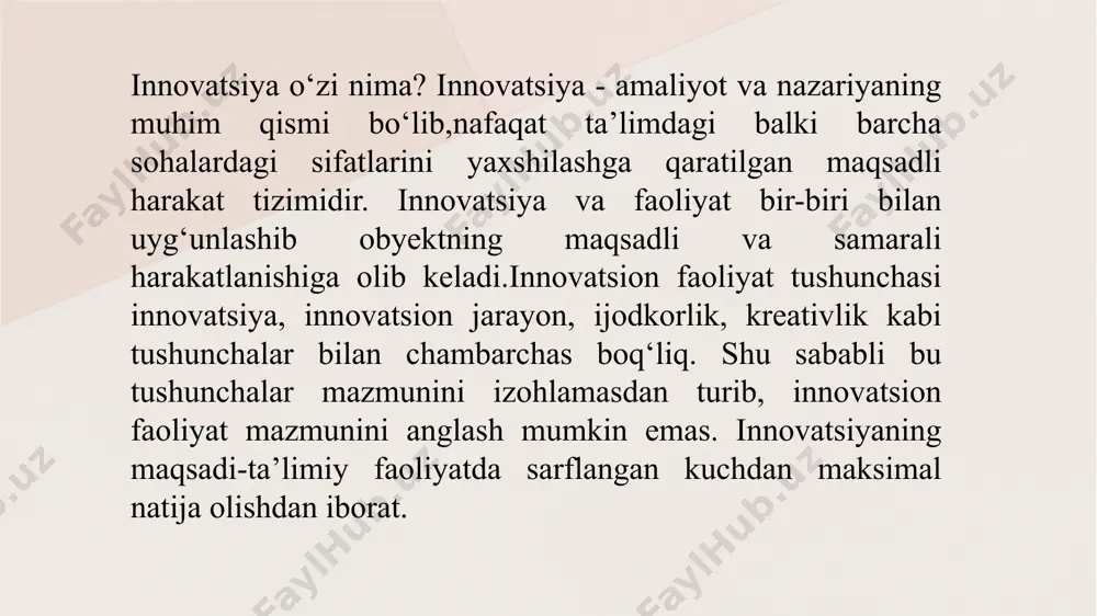 inamikasida amalga oshishini ko’zda tutadi. o’qituvchining innovatsion faoliyatini samarali amalga oshirish bir qator shart-sharoitlarga bog`liq. unga o’qituvchining tayinli muloqoti aks fikrlarga nisbatan beg`araz munosabat, turli holatlarda ratsional vaziyatning tan olinishini uqtirishga tayyorligi kiradi. buning natijasida o’qituvchi o’z bilim va ilmiy faoliyatini ta`minlaydigan keng qamrovli mavzu (motiv) ga ega bo’ladi muammoli o’qitish texnologiyasi . muammoli o’kitish bu takomillashgan o’qitish texnologiyasidir. hozirgi oliy maktabdagi samarador o’qitish texnologiyasi - bu muammoli o’qitishdir. uning vazifasi faol bilish jarayoniga undash va tafakkurda ilmiy-tadqiqot uslubini shakllantirishdir. muammoli o’qitish ijodiy, faol shaxs tarbiyasi maqsadlariga mos keladi. muammoli o’qitish jarayonida talabaning mustaqilligi o’qitishniig reproduktiv shakllariga nisbatan tobora o’sib boradi. muammoli o’qitishning mohiyatini o’qituvchi tomonidan talabalarning o’quv ishlarida muammoli vaziyatni vujudga keltirish va o’quv vazifalarini, muammolariii va savollarini hal qilish orkali yangi bilimlarni o’zlashtirish bo’yicha ularning bilish faoliyatini boshqarish tashkil atadi. bu esa bilimlarni o’zlashtirishning ilmiy-tadqiqot usulini yuzaga keltiradi. innovatsion faoliyat - pedagogning o‘z kasbini mukammallashtirish va uni takomillashtirishdagi …
