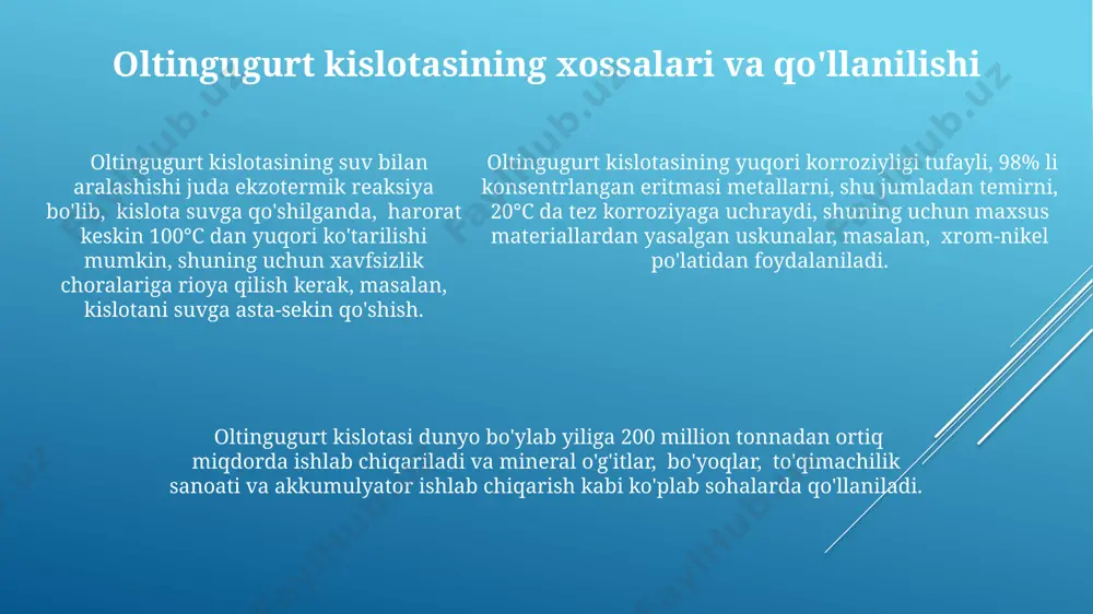 urt trioksidining gidratatsiyasi oltingugurt trioksidining 98% li sulfat kislotada erishi orqali gidratlanish jarayoni tezlashadi, bu esa 100-103°c haroratda amalga oshiriladi va yuqori tozalikdagi sulfat kislota hosil bo'ladi. oltingugurt trioksidining suv bilan reaksiyasi juda ekzotermik bo'lib, 1 kg so₃ ning hidratatsiyasi natijasida 190 kj gacha issiqlik ajralib chiqadi, bu esa kontakt apparatlarining samarali sovutilishini talab qiladi. gidratatsiya jarayonining samaradorligi oltingugurt trioksidining konsentratsiyasi va gaz oqimining tezligiga bog'liq bo'lib, masalan, 5% li so₃ konsentratsiyasida 99,5% gacha konversiya erishiladi. oltingugurt kislotasining konsentratsiyasi oltingugurt kislotasining 100% li konsentratsiyasi juda kam uchraydi, chunki u o'z-o'zidan parchalana boshlaydi, masalan, 200°c da so₃ chiqara boshlaydi. oltingugurt kislotasining konsentratsiyasi 98% ga yetganda, qaynash harorati 337°c ga ko'tariladi va bu jarayon samarqanddagi kimyo zavodlarida qo'llaniladigan standart hisoblanadi. 93-98% konsentratsiyali oltingugurt kislotasi suv bilan reaksiyaga kirishib, juda ko'p issiqlik ajratadi, shuning uchun uni suyultirishda ehtiyot choralarini ko'rish kerak, masalan, kislotaga asta-sekin suv qo'shish kerak, aksincha emas. oltingugurtning yonishi va oltingugurt …