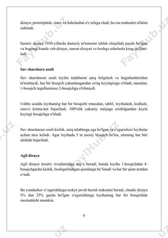 why, how) kabi savollarga javob berishi zarur. ushbu bayonot jamoaga 80% muammoni tushunishga yordam beradi va loyiha uchun 20% echimni topishda muhim ahamiyatga ega. muammolar bayonoti 1-2 paragrafdan iborat bo'lib, mavjud vaziyatni, muammoni aniq tasvirlaydi va maqsadga erishish yo'lidagi 3 ta asosiy to'siqni ko'rsatadi. yechimni tekshirish yechimni tekshirish, uning talablarga javob berishini ta'minlash uchun muhimdir. masalan, prototip 100 ta foydalanuvchi tomonidan sinovdan o'tkazilishi va kamida 95% muvaffaqiyat darajasiga erishishi kerak. iterativ dizayn jarayonida yechimni tekshirish har bir takrorlashda amalga oshiriladi. 7-qadamda, foydalanuvchi testlari orqali dizaynning samaradorligi baholanadi va qayta ishlanadi. a/b testlash usuli yordamida 2 xil yechim variantlari (a va b) solishtiriladi. bunda, masalan, konversiya koeffitsienti kamida 5% ga yaxshilanishi kerak, deb belgilanadi. dizayn usullarini tanlash dizayn usullarini tanlashda maqsadga muvofiqlik muhim. loyihaning 80% muvaffaqiyati usulni to'g'ri tanlash bilan bog'liq. shu bois, 3-5 ta turli xil usullarni solishtirish kerak. usullarni tanlashda loyiha talablarini inobatga oling. masalan, agile usuli 2 haftalik …