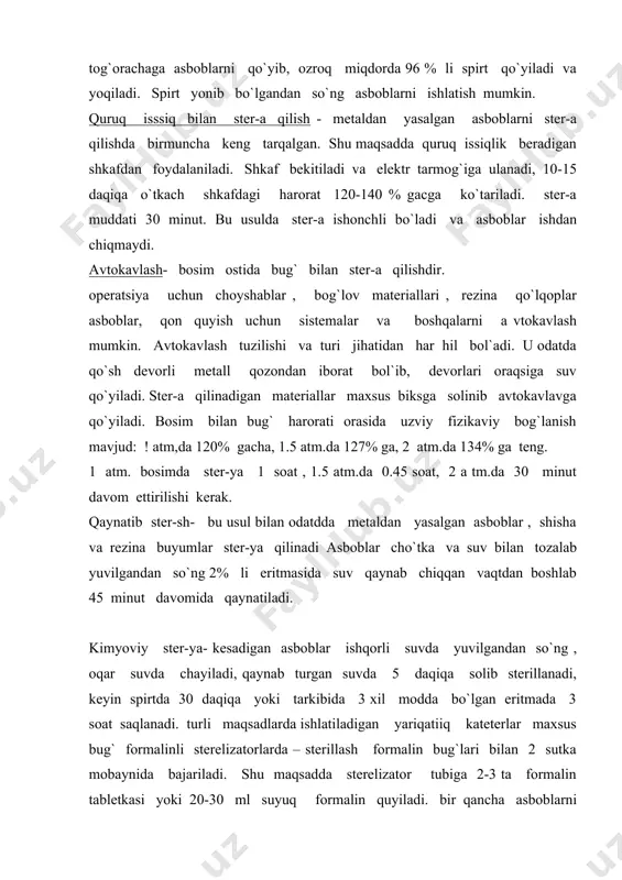 ) 3-4 soatga solib qo`yladi. rezina qo`lqoplarni ‘sovuq usulda sterillash qo` yidagilardan iborat: a) tarkibida 3 xil modda bo`lgan eritmada 3 soat mobaynida ster-yalash b) 2% li xloramin eritmasida 1 soat mobaynida ster-sh. g) 1:1000 sulema eritmasida 1 soat mobaynida ster-sh. g) 1:1000 diotsit eritmasida 3 min. sterillash. nur bilan sterillash. mikrob tushishininig oldini olish uchun gamma nurlari izotoplari kuchli bo`lishi , ya`ni 2.5 mlrd ga teng bo`lishi kerak. bu usul katta energetik kuchga ega bo`lib, ster-yaninig kuchi materiallarninig hamma chuqurligiga etib boradi. ama liyotda beta va gamma nurlanish qo`llaniladi. ultratovush bilan sterillash bu usulda ster-torlar kuchli antiseptik bilan tol`diriladi va ultratovush tol`qinlari ta`sirida xirurgik asboblar plastmassa buyumlar ster-ya qilinadi. so`nggi vaqtlarda asboblar, rezina ashyolar va optik buyumlarni sterillashda maxsus apparatlar ham qo`llaniladi. antiseptika va uning turlari antiseptika deganda jaroxatdagi mikroblarni yuqotish yoki sonini kamaytirishga qaratilgan tadbirlar tushuniladi.antiseptikaning fizik, mexanik, kimyoviy, biologik va aralash turlari farqlanadi. fizikaviy antiseptika – vositalariga …