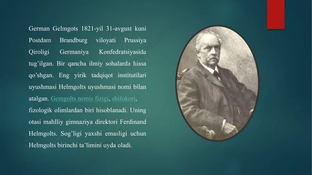 va u yerda 1849-yilda dotsent lavozimiga tayinlandi. uning tarjima qilingan asrlari uning tarjima qilingan asrlari shu kabi asarlari har xil tillarda tarjima qilingan. optika sig’imi chegaralari to’g’risidagi musiqa nazariyasi fiziologik asosi sifatida ohang hissiyotlari haqidagi ilmiy mavzu bo’yicha mashhur ma’ruzalari gelmgolts turli fanlarga hissa qo’shgan. bir qator tadqiqot ishlaridan misol keltirsak bo’ladi. 3 gelmgolts turli fanlarga hissa qo’shgan. bir qator tadqiqot ishlaridan misol keltirsak bo’ladi. sensor fiziologiyasi gelmgolts insonning ko’rish va eshtish qobilyatini ilmiy o’rganishda kashfiyot edi. psixofizikada ilhomlanib u o’lchanadigan jismoniy stimullar va ularning tegishli inson idroki o’rtasidagi munosabati qiziqadi. gelmgolts ‘’ psixofizika qonunlari’’ni ishlab chiqishni maqsad qilgan holda jismoniy energiya fizika va uni qadrlash psixologiya o’rtasidagi bog’liqlik bo’yicha ekspermental tadqiqotlarga yo’l ochdi. gelmgolts nissiy fiziologiya ekspermental psixologiya asoschilarida biri hisoblangan gelmgolts shogirdi vilgelm vundning ishiga asos bo’ldi. vund gelmgolts ko’ra aniqroq, tarzda o’z tadqiqotlarni emprik falsafaning biri shakli va ongni alohida narsa sifatida o’rganish sifatida ta’rifladi. gelmgolts o’zining …