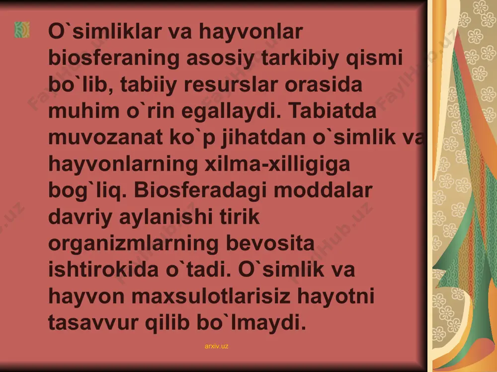 an saqlashda, atmosferada balansini boshqarishda, binobarn yerdagi tirik organizmlar uchun zarur sharoitlarni yaratishda juda muhim rol o`ynaydi. o`rmonlar tabiatdagi iqlim va suv balansini boshqaruvchi omildir. o`rmon va daraxtzorlarning qishloq xo`jaligi uchun ahamiyati juda katta. ular maydonlardagi iqlimni yaxshilaydi. suv bug`lanishi kamaytiradi va hosildorlikni oshiradi. daraxtlar o`g`it va ximikatlar oqimini to`xtatadi va ulardan tuproqni tozalaydi. arxiv.uz arxiv.uz o`rmonlarning umumiy maydoni 4.1 mlrd ga yaqin. quruqlikning 33 % ni tashkil qiladi. o`zbekistonda o`rmonlar maydoni 937 ming g, lekin yerning yashil qobig`i to`xtovsiz qisqarib bormoqda. keyingi 10 ming yil ichida yer sharidagi o`rmonlarning 2/3 qismi kesib yo`qotildi. ayniqsa aholi zich yashaydigan rayonlarda. natijada 500 mlndan ortiq yerlar hosilsiz cho`lga aylandi. o`rmonlarning tartibsiz kesilishi tabiatdagi ekologik muvozanatning buzilishiga va noxush oqibatlar olib keladi. tuproq erroziyasi jarayonlari kuchayib ketdi. daryo va ko`llarda suv sathi pasaydi. ko`plab toshqinlar kuzatilmoqda. arxiv.uz arxiv.uz arxiv.uz arxiv.uz noyob va yo`qolib borayotgan turlarning muhofazasiga e’tiborni kuchaytirish uchun 1966 yili tabiatni muhofaza …