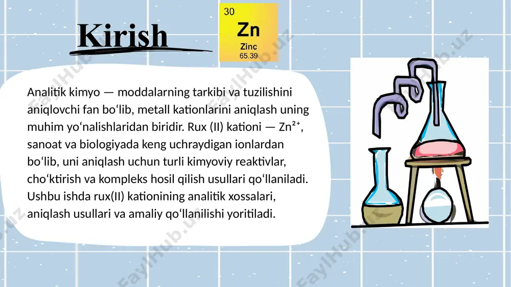 ga kirishadi. o‘tkazilgan tahlillar rux(ii) ionining aniqlanish usullari barqaror, takrorlanuvchan va boshqa ionlardan ajratishda ishonchli ekanini ko‘rsatadi. bu esa uning sanoat, tibbiyot va ekologiya sohalarida aniqlanishini yanada muhim qiladi. foydalanilgan adabiyotlar ro‘yxati axmedov yo.o., xabibullayev n.a. analitik kimyo (ionlar reaksiyalari va ularni ajratish). – toshkent: o‘zbekiston milliy universiteti nashriyoti, 2018. – 320 b. tillaev b.x., norqulov x.m. analitik kimyo. kation va anionlarni aniqlash usullari. – toshkent: fan va texnologiya, 2016. – 280 b. qodirov a.a., matkarimov n.n. analitik kimyo (amaliy mashg‘ulotlar uchun qo‘llanma). – toshkent: o‘qituvchi, 2020. – 156 b. хомченко н.г. справочник по аналитической химии. – москва: химия, 2002. – 544 с. e’tiboringiz uchun rahmat ! image9.jpeg image1.png image2.svg image3.png image4.svg image5.png image6.png image7.png image8.png image10.png image11.svg image12.png image13.png image14.svg image15.png image16.svg image17.jpeg image18.jpeg image21.png image19.png image20.svg image22.png image23.svg image24.png image25.jpeg image26.jpeg image27.png image28.svg image29.png image30.svg image31.jpeg image32.jpeg image33.jpeg image34.jpeg image35.png image36.png image37.svg image38.png /docprops/thumbnail.jpeg