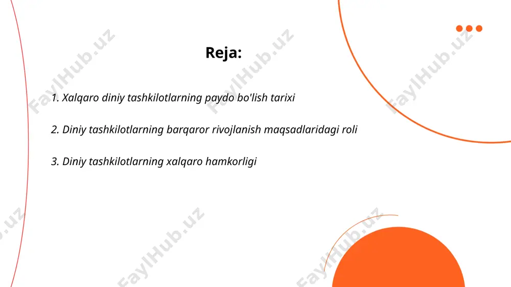 rishishda yordam beradi. ... t.me/slaydai_bot diniy tashkilotlarning xalqaro hamkorligi turli konfessiyalar va davlatlar o'rtasidagi muloqotni mustahkamlashda muhim rol o'ynaydi. jahonda minglab diniy tashkilotlar mavjud bo'lib, ularning aksariyati birlashgan millatlar tashkiloti bilan hamkorlik qiladi. yevropada 600 dan ortiq diniy birlashmalar turli xalqaro tadbirlarda ishtirok etadi. 2022 yilda xalqaro diniy ozchiliklarni himoya qilish alyansi 30 dan ortiq davlat bilan hamkorlikni kengaytirdi. xalqaro interfaith future forum har yili 100 dan ziyod davlatdan vakillarni jalb qiladi. oic (islom hamkorlik tashkiloti) 57 mamlakatni birlashtiradi va dunyodagi musulmonlarni qo'llab-quvvatlash uchun turli loyihalarni amalga oshiradi. ... t.me/slaydai_bot bmtning barqaror rivojlanish maqsadlari (sdg) 17 yo‘nalishda jamiyatning iqtisodiy, ijtimoiy va ekologik jihatlarini yaxshilashni ko‘zda tutadi. diniy tashkilotlar bu maqsadlarni amalga oshirishda muhim rol o‘ynaydi. masalan, ular qashshoqlikka qarshi kurash (sdg 1), ta’limni yaxshilash (sdg 4) va tenglikni ta’minlash (sdg 5) bo‘yicha faoliyat yuritishadi. diniy tashkilotlar odatda jamiyat ichida keng ta’sir doirasiga ega bo‘lib, ular sdglarning barqaror rivojlanish kun tartibini …