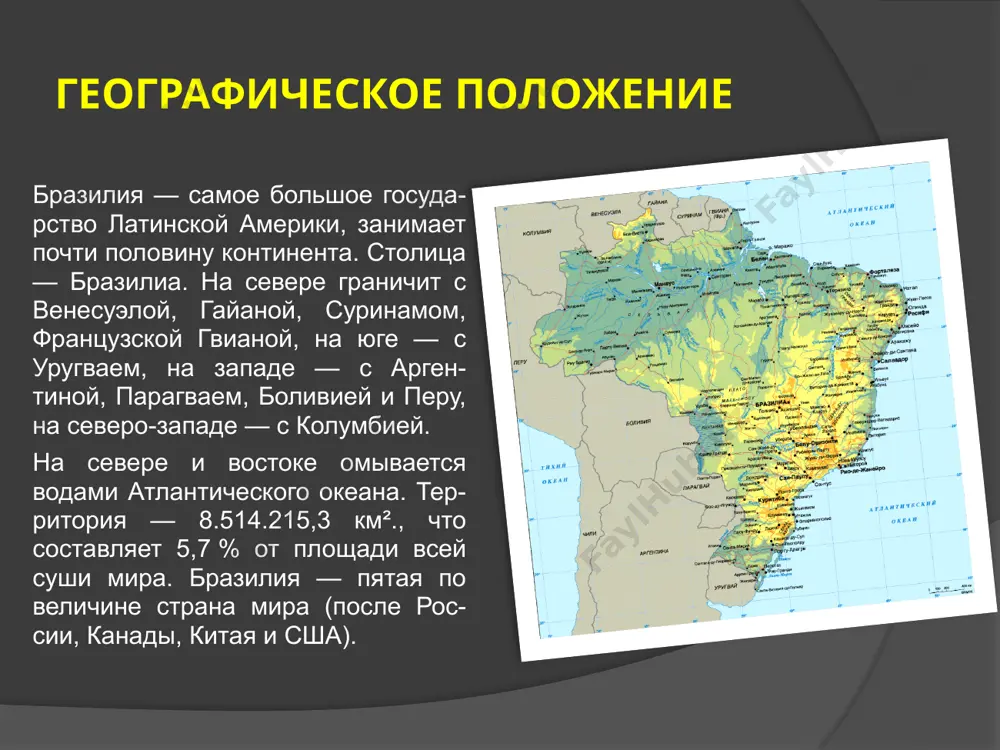 ортные изделия включают авиационную технику, кофе, транспортные средства, сою, железную руду, апельсиновый сок, сталь, ткани, обувь, электроаппаратуру и сахар. в течение президентства фернандо энрике кардозу (1995—2002) правительство приложил значительные усилия для переработки преимущественно государственной экономики на преимущественно рыночную. конгресс одобрил несколько законов, которые в большей мере открыли экономику для участия частного сектора и увеличили её привлекательность для иностранных инвесторов. транспорт основными транспортными путями внутри страны являются автодороги. система автодорог достаточно развитая и сложная. однако, в некоторых районах во время тропических ливней автодороги становятся сложнопроходимыми и опасными. железные дороги в бразилии вообще уста-рели и используются почти исключительно для перевозки грузов. морской транспорт традиционно был очень важным в бразилии, хотя в настоящее время также используется почти исключительно для перевозок грузов. авиационный транспорт сейчас быстро раз-вивается. лидерами перевозок в бразилии являются компании vasp и transbrasil. культура культура бразилии начала формироваться и формируется по сей день как смесь разнооб-разных исторических традиций народов, сос-тавляющих бразильскую …