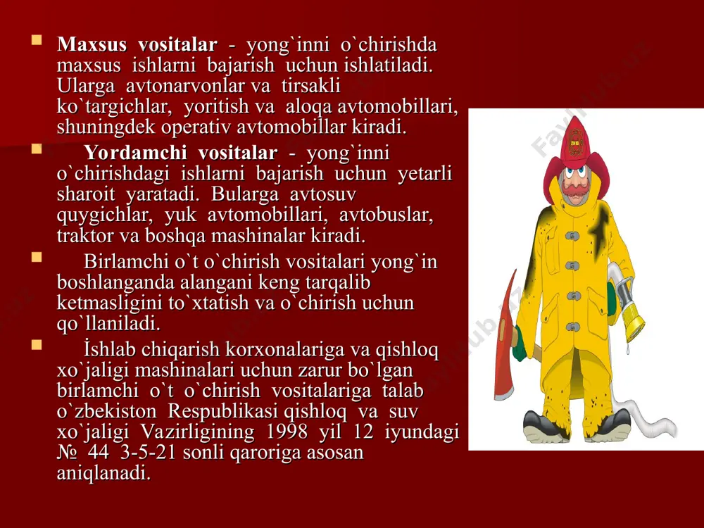 entari va qurilmalarining o`t o`chirishga bog`liq bo`lmagan ishlarga qo`llash qat`iy man etiladi. yong`in o`chirish vositalari ob`ektning maydoni va texnologik jarayonlarga qarab hisoblanadi. sprinkler qurilmalari suv quvurlari tarmoqidan iborat bo`lib, imoratni shipiga purkagich-kallaklar (forsunka-lar) quvurlarga burab mahkamlanadi. bu tarmoqqa suv quvurlar yoki idishdan nasoslar yordamida suv beriladi. qishloq xo`jaligi bino va inshootlarining yong`inni o`chirish uchun suv, suv bug`i, ko`pik, inert gazlar, poroshoklari (kukunlar), siqilgan havo va qattiq moddalar keng qo`llaniladi. o`t o`chirish moddalari elektr o`tkazish (suv va boshq.) va elektr o`tkazmaslik (gazlar, kukunlar) xossalariga ega bo`ladi. shuningdek, zaharli (3,5-brom-etil, freon), kam zaharli (azot, ko`mir kislota) va zaharsiz (suv, ko`pik, kukunlar) turlarga bo`linadi. shuning uchun ishlab chiqarish ob`ektlari va maydonlarini yong`in o`chirish moddalari bilan ta`minlashda va yong`inni o`chirishda biror uslubni qabul qilganda ularni hisobga olish kerak. suv - eng ko`p tarqalgan, oson topiladigan, qulay ishlatiladigan o`t o`chiruvchi modda hisoblanadi. u yuqori issiqlik sig`imiga ega bo`lgani uchun olovni o`chirish jarayonida yonayotgan moddalardan juda …