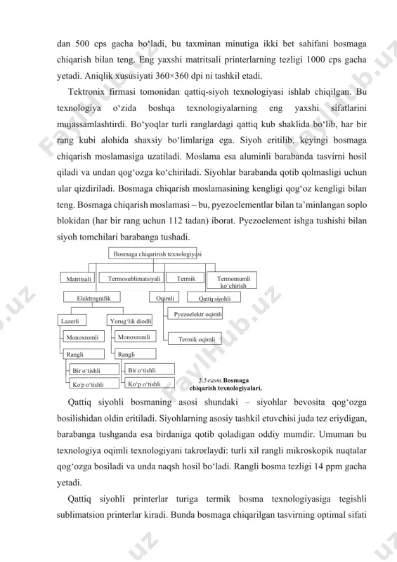 ali printerlar ixcham va oddiy bo‘ladi. oqimli printerlar. oqimli prin terlarning hususiyatlarini ko‘ rib chiqamiz (6-rasm). oqim li bosmaga chiqarish lazerl i bosmaning butkul aksidir. qoidaga ko‘ra, bu yuqori tezlikda qora rangdagi matnni bosmaga chiqarish emas, aksincha, yuqori 6-rasm. oqimli printerning ko‘rinishi. sifatli rasmni sekinlik bilan qog‘ozda aks ettirishdir. oqimli printerlarning bosmag a chiqarish moslamasida siyohning mayda tomchilarini pur kovchi soplo naychalar mavjud. bu zarbasiz bosmaga chiqarish qurilmasi hisoblanadi. bosmaga chiqarish moslamasining matr itsasi odatda 64 tagacha soplolardan iborat bo‘ladi. tasvir shakl lanishi jarayonida keskin bug‘lanish hisobiga siyoh soplodan qog‘ozga sachraydi (soplo devorlariga siyohlarning haroratini keskin ko‘taradigan elektr qizdiruvchi elementlar joylashtirilgan). tabiiyki, bunday qurilmalarning tuzilishi lazerli qurilmalarga nisbatan ancha sodda. bu yerda baraban ham, lazerlar ham, isitgich ham yo‘q. g‘ilof ichida faqatgina bitta (yoki bir nechta) kartridj joylashadi. shunday qilib, oqimli printerlarda bor yo‘g‘i ikkita asosiy element – kartridj va bosmaga chiqarish moslamasi bo‘ladi. termik oqimli va pezoelektrik texnologiyalar ham …