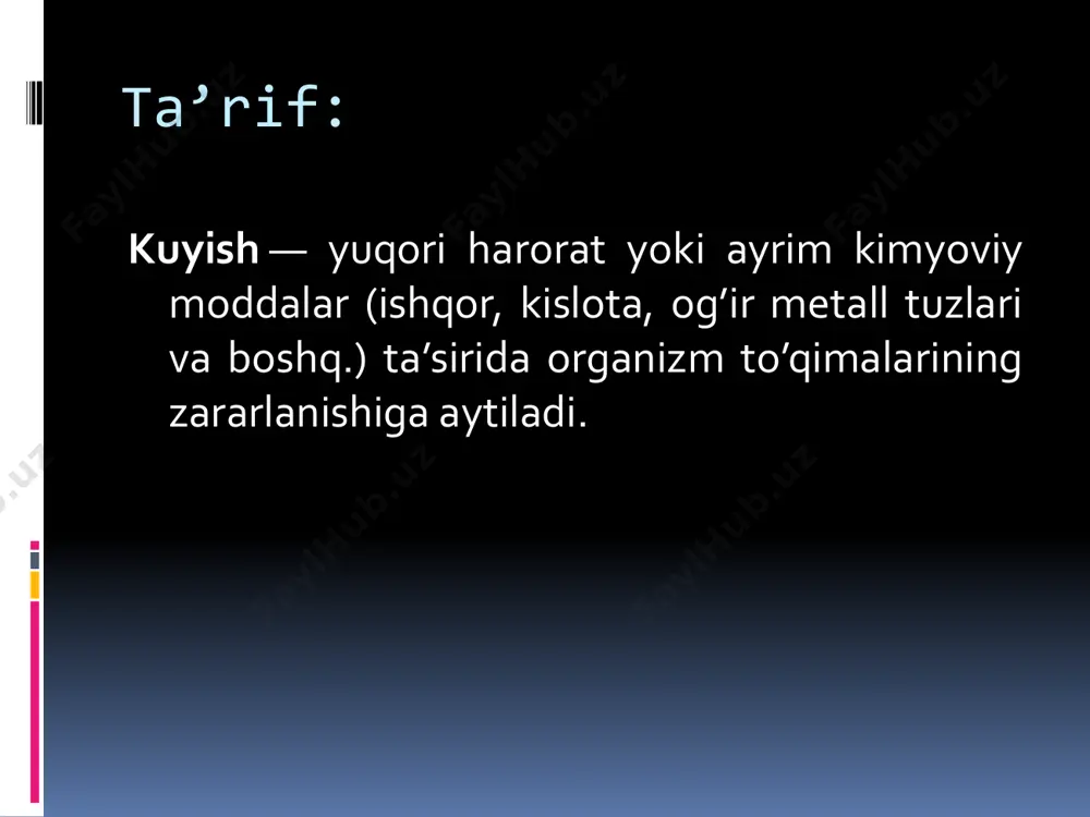 astlabki davolash paytida kuygan kiyimning qoldiqlarini olib tashlash qiyin, keyinchalik sezilmaydigan to'qimalarning iplari infektsiya o'choqlari bo'lib xizmat qilishi mumkin. ko'rish organlari, yuqori nafas yo'llari ta'sir qilishi mumkin. steam. kuyish maydoni katta, ammo nisbatan sayoz. nafas olish yo'llari juda tez-tez ta'sirlanadi. suyuqlik. kuyish maydoni nisbatan kichik, ammo nisbatan chuqur, asosan 2-3 daraja. tarqalgan ob'ektlar. kuyish maydoni har doim ob'ektning kattaligi bilan chegaralanadi va nisbatan aniq chegaralarga va sezilarli chuqurlikka ega, 2-4 daraja. shikastlanishga sabab bo'lgan ob'ekt olib tashlanganida qo'shimcha jarohatlar paydo bo'lishi mumkin. terining ta'sirlangan qatlamlarining ajralishi mavjud. kimyoviy. kimyoviy faol moddalarga ta'sir qilish natijasida yuzaga keladi: kislotalar. kuyishlar nisbatan sayoz, bu kislotaning koagulyatsion ta'siri bilan bog'liq - kuygan to'qimalardan qoraqo'tir hosil bo'lib, uning keyingi kirib borishiga to'sqinlik qiladi. konsentrlangan kislotalar bilan kuyishlar kamroq chuqurroqdir, chunki ko'proq konsentratsiya tufayli qoraqo'tir tezroq hosil bo'ladi. ishqorlar. to'qimalarga ta'sir qiluvchi gidroksidi juda chuqur kirib boradi, kislota holatida bo'lgani kabi koagulyatsion oqsil to'sig'i hosil bo'lmaydi. …