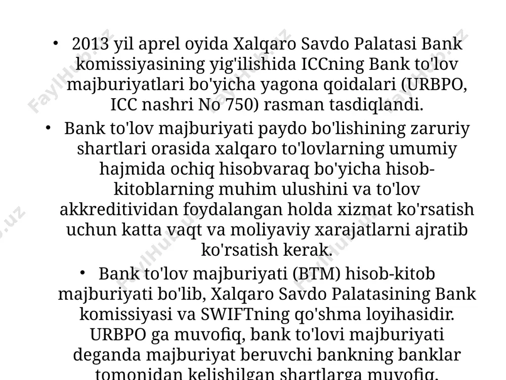 btmdan foydalanishning quyidagi afzalliklari va kamchiliklarini ajratib ko'rsatish mumkin. xaridor (importyor) uchun afzalliklar: • btm ochiq hisobvaraqlar bo‘yicha hisob-kitoblarga qaraganda ishonchliroq, xaridor avans to‘lovini amalga oshirgandan so‘ng tovarni yetkazib bermaslik xavfini o‘z zimmasiga olmaydi; • to‘lov majburiyat beruvchi bank tomonidan amalga oshiriladi, bu esa xaridor va majburiyat beruvchi bank o‘rtasida tegishli kelishuvga binoan xaridorga o‘zi uchun kechiktirilgan to‘lovni olish imkonini beradi; • yetkazib beruvchi va xaridor o‘rtasidagi ishbilarmonlik aloqalari mustahkamlanadi, bu esa xaridorning ishchanlik obro‘sining oshishiga va shu orqali uning raqobatbardoshligining oshishiga olib keladi; • tezlik oshadi va tranzaksiya xarajatlari kamayadi. xaridor uchun kamchilik: bank taqdim etilgan ma'lumotlarning savdo hujjatlariga bilan bir xilligini tekshirishga majbur emas, bu esa xaridor uchun btmni akkreditiv vositasiga nisbatan xavfliroq ekabligini bildiradi. sotuvchi (eksport qiluvchi) uchun afzalliklari: 1) o'z majburiyatlarini to'g'ri bajargandan so'ng, to'lovni olishiga ishonch; 2) btmning qaytarib bo'lmasligi tufayli sotib olish buyurtmasini bekor qilish yoki o'zgartirish xavfining sezilarli darajada kamayishi; 3) sub'ektiv omillarning …