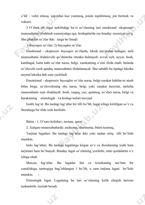 bu turi so’zlarning kelib chiqish tarixini tushuntirib, izoxlab beradi. adabiyotlar 2. 1. m.irisqulov. «tilshunoslikka kirish» t. o’qtuvchi- 1992 3. sh. shoabduraxmonov va boshqalar. «hozirgi o’zbek adabiyot tili» 1qism. t. o’qituvchi - 1980 4. i.qo’chqortoev, r.qo’chqortoeva. «tilshunoslikka kirish». 5. t. 1975, 35-38 betlar. 6. v.i.uoduxov. vvedenie v yazkoznanie. m., 19/9, st. 204-212.