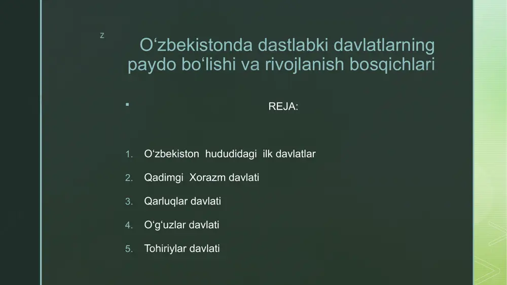 tarkibida bo‘lgan.turk xoqonligi yemirilgach,o‘g‘uzlarning kattagina qismi sirdaryo havzasi hamda orol dengizi bo‘yida muqim o‘rnashib olganlar. ular ix asr oxiri va x asr boshlarida o‘g‘izlar davlatiga asos soladilar.sirdaryoning quyi oqimi bo‘yidagi yangikent shahri o‘g‘izlar davlatining poytaxti bo‘lgan. x asrdan boshlab o‘g‘uzlar islom dinini qabul qiladilar. o‘g‘uzlar-o‘rta osiyoda yashagan turkiy qabila.poytaxti yangikent shahri bo‘lgan. z z x asrning birinchi choragida o‘g‘uzlar davlati shimoli sharqdan qo‘zg‘algan qipchoqlar tomonidan qaqshatqich zarbaga uchrab,bo‘linib ketadilar.ular o‘z yurtini tark etib,bir qismi g‘arbga,shimoliy kavkaz dashtlariga borib o‘rnashadilar.ularning ikkinchi qismi esa avval movaraunnahrga kirib boradi va undan janubi g‘arbga siljib,yangi sulola-saljuqiylar boshchiligida old osiyo mamlakatlarini istilo qilishga kirishadi.bu ikki turkiy davlat faqat movaraunnahrninggina emas,balki butun o‘rta sharq hamda old osiyo aholisining siyosiy hayotiga ham kuchli ta‘sir ko‘satadi.bu davlatlarning aholisi shu hududda yashovc hi xalqlarning etnik tarixiga ta‘sir qildi.masalan: qarluqlar o‘zbek va tojiklarning, o‘g‘uzlar turkman,ozarbayjon,qoraqalpoqlarning etnagenizida rol o‘ynadi. z z tohiriylar davlati viii asr oxiri-ix asr boshida xalifalikni larzaga keltirgan …