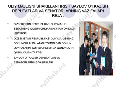 oliy majlisni shakillantirish saylov o'tkazish deputatlar va senatorlarning vazifalari — PPT