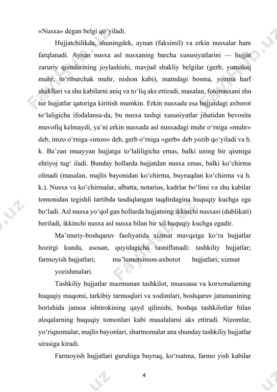 anchayin katta guruhni tashkil qiladi, bunday hujjatlarning ish yuritish jatumanidagi ishtiroki ham juda faol. bu guruh dalolatnoma, ma’lumotnoma, ariza, tushuntirish xati, hisobot, ishonchnoma, tavsifn oma kabi hujjatlarni o‘z ichiga oladi. xizmat yozishmalari mazmunan xilma-xil bo‘ladi. ularda muassasa faoliyatining turli masalalari bilan bog‘liq talab, iltimos, taklif, kafolat kabilar aks ettiriladi. bu ma’noda xizmat yozishmalari hujjatlarning yuqorida ko‘rsatilgan har uch guruhi bilan ham aloqadordir, ularning muayyan bir guruhiga xizmat hujjatlarini kiritish shuning uchun ham maqsadga muvofiq emas. shularni hisobga olib, xizmat yozishmalari hozirgi zamon hujjatshunosligida mazkur guruhlardan keyin to ‘rtinchi alohida guruh sifatida tasniflangan va bu mantiqan o‘rinli. hujjatning har bir turi mazkur zaruriy q ismlarning barchasini o‘z ichiga olmaydi. hujjatning muayyan turiga muvofiq ravishda bu zaruriy qismlarning ayrim bir turkumi huquqiy talablarni ta’minlash darajasida qo‘llanadi. shu narsa ham muhim-ki, ayni zaruriy qismlarning hujjatda joylashishida qat’iy tartib mavjud. zaruriy qismlarning joylashishidagi qat’iy ketma-ketlik hujjatning huquqiy kuchini ta’minlash, hujjatni zudlik bilan ishlash, bajarish, …