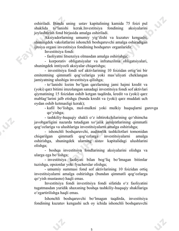 titsiya fondining muassislari (aksiyadorlari) sifatida ish yuritishi mumkin. investitsiya fondini davlat roʻyxatidan oʻtkazish oʻzbekiston respublikasi adliya vazirligi tomonidan amalga oshiriladi. investitsiya fondini tashkil etishda uning aksiyalari qiymatini toʻlash pul mablagʻlari, qimmatli qogʻozlar, ulushlar, shuningdek koʻchmas mulk va boshqa mol-mulk, mulkiy huquqlar bilan amalga oshiriladi. bunda uning ustav kapitalining kamida 75 foizi pul shaklida toʻlanishi kerak.investitsiya fondining aksiyalarini joylashtirish fond birjasida amalga oshiriladi. aksiyadorlarning umumiy yigʻilishi va kuzatuv kengashi, shuningdek vakolatlarini ishonchli boshqaruvchi amalga oshiradigan ijroiya organi investitsiya fondining boshqaruv organlaridir. investitsiya fondi: · faoliyatni litsenziya olmasdan amalga oshirishga; · korporativ obligatsiyalar va infratuzilma obligatsiyalari, shuningdek imtiyozli aksiyalar chiqarishga; · investitsiya fondi sof aktivlarining 10 foizidan ortigʻini bir emitentning qimmatli qogʻozlariga yoki masʼuliyati cheklangan jamiyatning ulushiga investitsiya qilishga; · toʻlanishi lozim boʻlgan qarzlarning jami hajmi kredit va (yoki) qarz bitimi imzolangan sanadagi investitsiya fondi sof aktivlari qiymatining 15 foizidan oshib ketgan taqdirda, kredit va (yoki) qarz mablagʻlarini jalb etishga (bunda kredit …