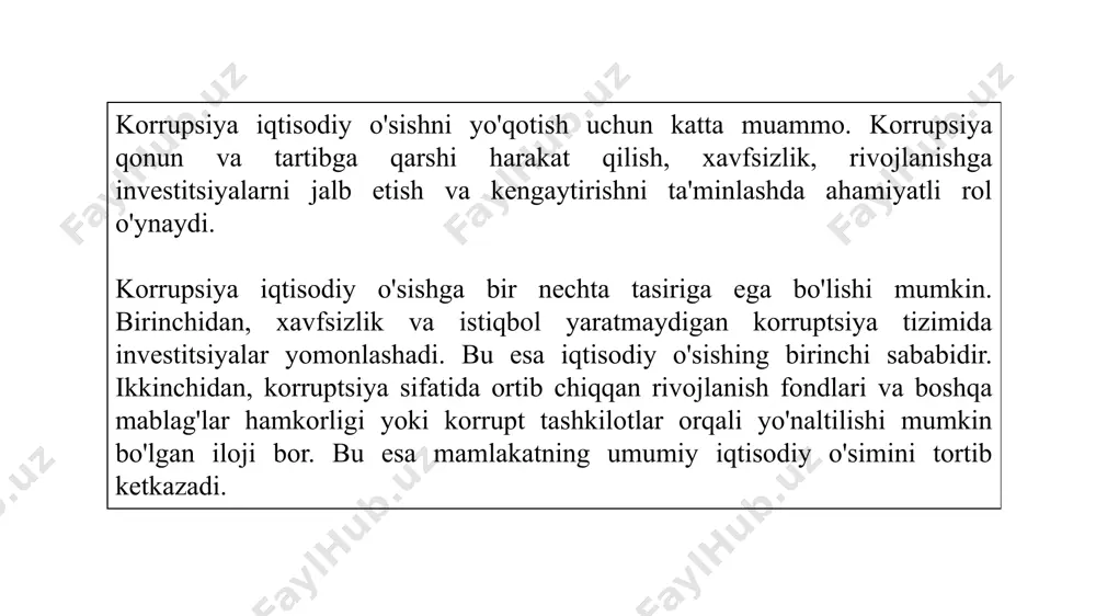 tadagi byurokratik apparatga qarata ishlatiladi. korrupsiya ko‘plab davlatlarning jinoyat va ma’muriy qonunchiligi bilan huquqqa qarshi harakat sifatida ta’qib qilinadi. korrupsiyaning iqtisodiyotga ta’siri korrupsiya makroiqtisdiy ko’rsatgichlarga ta’sir ko’rsatadi korrupsiya tadbirkorlikning rivojlanishini tuxtatadi va iqtisodiy tanazzulga olib keladi korrupsiya iqtisodiyotning rivojlanishiga katta to’siq hisoblanadi mutaxassislarning taʼkidlashicha, o‘zining mulki hisoblanmagan resurslarni mutlaq boshqarish huquqi berilgan har qanday shaxs (hukumat vakili, deputat, sudya, huquqni muxofaza qiluvchi organ xodimi, administrator, malaka attestati beruvchilar, vrach va boshqalar) tomonidan korrupsiya jinoyatlari sodir etilishi mumkin. bunda, korrupsiyani sodir etish uchun motiv bo‘lib, mansab vakolatlaridan foydalangan holda qo‘lga kiritiladigan renta - iqtisodiy foyda olishga bo‘lgan imkoniyatning mavjudligida bo‘lib, jinoyatdan qaytaruvchi stimul esa taʼsir qilish va jazo xavfining muqarrarligi hisoblanadi [ makroiqtisodiy va siyosiy-iqtisodiy tadqiqotlar natijasiga ko‘ra, korrupsiya iqtisodiy o‘sish va rivojlanishga eng katta tahdid bo‘lib, amalga oshirilayotgan har qanday islohotlarni xavf ostida qoldirishi mumkin iqtisodiyotning kriminallashuvi va bu jarayonlarda sodir etiladigan korrupsiyaning sodir bo‘lishi jarayonini tadqiq qilish murakkab va …