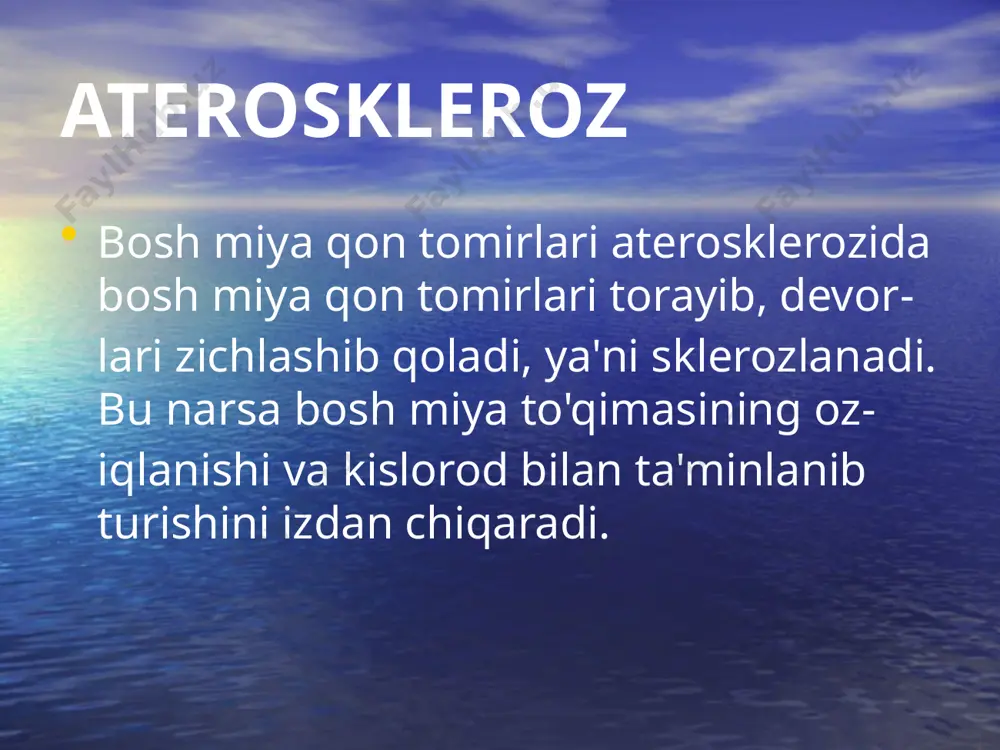 oz chekishning xotin-qizlar orasida odat bo'lishi bu aholi o'rtasida har xil nasi va irsiy kasalliklarning ko'payishiga olib kelmoqda. tamaki chekkanda organizmga o'tadigan zahar bu nikotindir. chekish vaqtida organizm nikotinga asta-sckin o'rganib boradi va kashandalarda o'tkir zaharlanish hollari yuz bermaydi. ateroskleroz nikotin eng avval asab tizimiga ta'sir qiladi. chckishga birinchi marta uringan kishilarda chckkan vaqtida birdan ko'ngil aynish, qusish, bosh aylanish, bosh og'riq, quloq shang'illashi, yurakning tez urishi, badanni sovuq ter bosish, tcri rangining oqarib kctishi, uxlab qolish hamda holsizlanish belgilari namoyon bo'ladi. ateroskleroz tamakini chckib yurgan kishilarning nafas a'zolari, yurak-qon tomir tizimida, oshqozon-ichak yo'llarida bir qancha kasalliklar paydo bo'ladi. chckish kasalliklarni og'irlashtiradi, uning sog'ayishni csa kcchiktiradi. chckish atcrosklcroz, yurak sanchig'i, infarkt miokardning avj olishiga olib keladi. ateroskleroz yurak ishemik kasalliklarining boshlanishida muhim ahamiyatga ega. kislorod kelib turishi va uning gcmoglobin bilan birikishini qiyinlashtiradi. shuning uchun to'qimalarga kislorod o'tishi kamayadi. surunkali bronxit kasalligining ko'payishiga olib keladi. ateroskleroz chckadigan kishilarda oshqozon va …