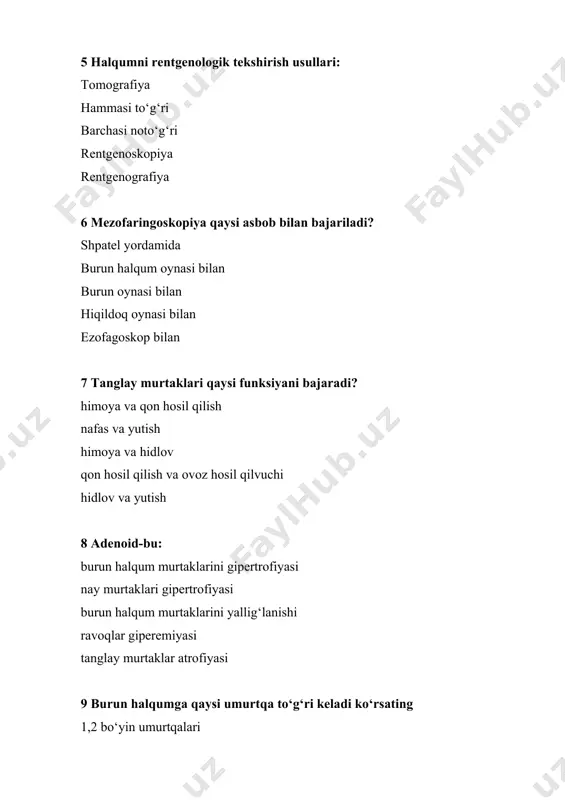 yassi silindrik hilpillovchi 1 qavatli yassi 1 qavatli kubsimon ko‘p qavatli kubsimon 15 ko‘rsatilgan hosilalardan qaysilari limfadenoid halqum halqasiga kirmaydi? halqum orti limfatik tugunlari tanglay murtagi til murtagi halqummurtagi nay murtaklari 16 agranulotsitar angina farqlanadi: infeksion mononukleoz sifilis adenoid faringit tanglay murtaklari gipertrofiyasi 17 hiqildoq anginasida diagnostik tekshiruv usuli: laringoskopiya faringoskopiya umumiy qon tahlili fibroskopiya anamnestik ma’lumotlar 18 halqum orti absessi qaysi yoshda uchraydi? bolalikda o‘rta yoshlarda etuklik davrda qarilarda 20 yoshda 19 anginani bo‘g‘ilishga olib keladigan turlari: hiqildoq lakunar follikulyar yomon sifatli o‘smalar kataral 20 difteriya difdiagnoz qilinadi: nekrotik angina va qon kasalliklari gerpetik angina paratonzillyar absess va paratonzillit halqumning sifilitik zararlanishi yarali pardali laringit 21 angina tarqalish jihatdan nechanchi o‘rinda turadi? 3 10 9 5 8 22 anginada limfatik tugunlarni qaysi biri kattalashadi? jag‘ osti tugunlari oldingi chov tugunlari paratraxeal quloq oldi mental 23 difteriyaning inkubatsion davri tashkil qiladi 2-10 kun 100-120 kun 14-60 kun 1 oy to’g’ri …