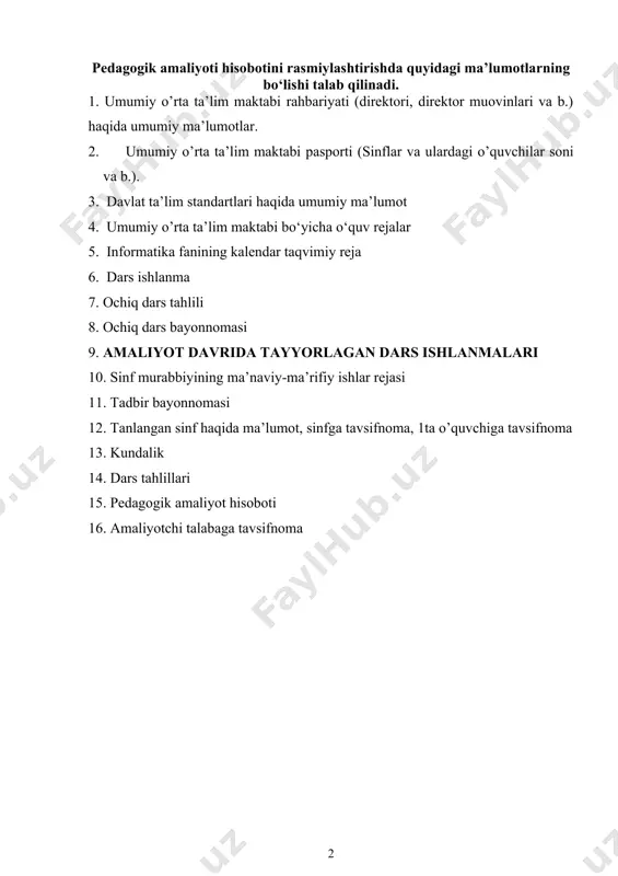 lar: jami 1036, shundan qizlar 469, kam ta’minlanganlar 44, chin yetimlar 0, yarim yetimlar 19. informatika o'qituvchisi: ibaydullayeva umida sinf rahbari: ibaydullayeva umida darslar rejimi darslar bir smenada bo’lib, 2 - smenada fakultativ mashg’ulotlar va to’garak mashg’ulotlari o’tkaziladi. i smena 1 800 845 5 2 850 935 5 3 940 1025 10 4 1035 1120 5 5 1125 1210 5 6 1215 1300 ii smena 1 1300 1345 5 2 1350 1435 5 3 1440 1525 10 4 1535 1620 5 5 1625 1710 5 6 1715 1800 3. davlat ta’lim standarti dts-ta’limning quyidagi turlari uchun belgilandi: -umumiy о‘rta ta’lim, shu jumladan boshlang‘ich ta’lim; -о‘rta maxsus, kasb-hunar ta’limi (akademik litseylar, kasb-hunar kollejlari); -oliy ta’lim (bakalavriat, magistratura). -maktabgacha, maktabdan tashqari oliy о‘quv yurtidan keyingi ta’lim, kadrlar malakasini oshirish va ularni qayta tayyorlash uchun davlat boshqaruvining vakolatli organlari tomonidan davlat talablari belgilanadi. ta’limning standartlashtirish obyektlariga quyidagilar: ta’lim, fanlarining tuzilmasi, mazmuni, о‘quv yuklamasi …