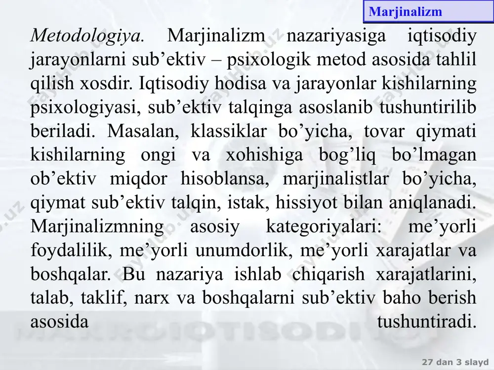 lgan ikki xil yondashuv mavjud bo’lgan: qiymat yo ishlab chiqarish xarajatlari bilan, yoki tovarning foydaliligi va noyobligi bilan aniqlangan. marjinalizm 27 dan ‹#› slayd 12 mavzu. iqtisodiy o’sish marjinalizm 27 dan ‹#› slayd 12 mavzu. iqtisodiy o’sish marjinalizm 27 dan ‹#› slayd 12 mavzu. iqtisodiy o’sish alfred marshall (1842-1924) alfred marshall 1842-yil 26-iyulda angliyaning london shahrida dunyoga kelgan.oilada ikkinchi farzand bo’lgan. otasi william marshall o’sha paytlar angliya banklaridan birida bosh hisobchi bo’lgan.alfred merchant toylors maktabida, st john kollejida, kembrij universitetida o’qidi. st john kollejida 1868-yil ma’ruzachi bo’lib darslar o’ta boshladi. 1885-yilda kembrij universitetida siyosiy iqtisodiyotning professori bo’lib ishladi. 27 dan ‹#› slayd 12 mavzu. iqtisodiy o’sish alfred marshall neoklassik mikro nazariya otasi unvoniga 2 davogarlardan biri hisoblanadi.(valras) u iqtisodiyotni o’qishni qulay vaqtda boshladi.xix asrning oxiridagi inqiroz va deyarli 20 yillik turg’unlik davlatning iqtisodiyotga aralashuvi samarasiz ekanligini ko’rsatdi.marshalldan oldingi iqtisodchilarning ba’zi nazariyalarida asta sekinlik bilan kamchiliklar kelib chiqa boshladi.va shunday holatda …