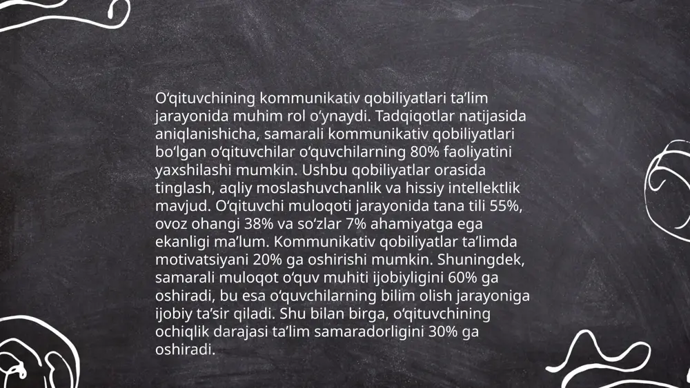 t qiladi. psixologik qobiliyatlar va empatik ko'nikmalar birgalikda shaxsiy va ijtimoiy hayotda muvaffaqiyatga erishishda asosiy elementlar hisoblanadi. ma'lumotlarga ko'ra, empatik ko'nikmalarga ega odamlarni 20% ko'proq ijtimoiy qoniqish his etishadi. oʻqituvchi faoliyatida pedagogik qobiliyat atamuratova feruza e'tiboringiz uchun raxmat! image1.png image2.png image3.png image4.jpg image5.png image6.jpg image7.jpg college /docprops/thumbnail.jpeg