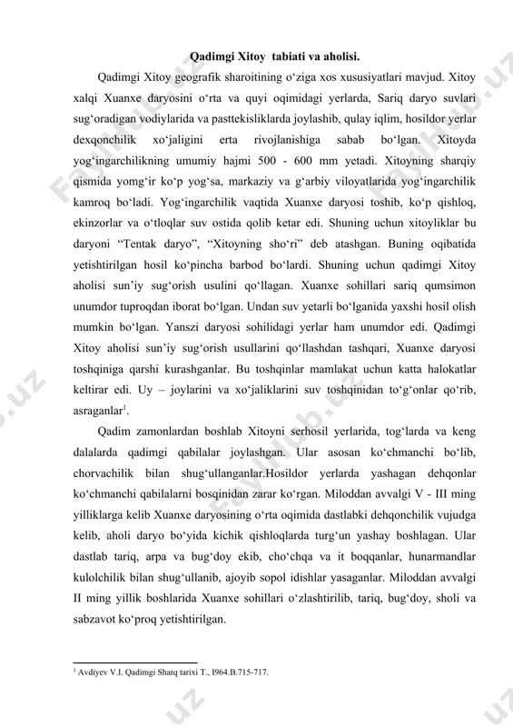 cho‘chqa va it boqqanlar, hunarmandlar kulolchilik bilan shug‘ullanib, ajoyib sopol idishlar yasaganlar. miloddan avvalgi ii ming yillik boshlarida xuanxe sohillari o‘zlashtirilib, tariq, bug‘doy, sholi va sabzavot ko‘proq yetishtirilgan. chorvachilik ham rivoj topgan. qadimgi xitoyliklar yirik qoramol, qo‘y, echki, cho‘chqa boqish bilan shug‘ullanganlar. chorvachilik xitoyning g‘arbiy viloyatlarida, xususan, tibet yassi tog‘larida ayniqsa keng tarqalgan. shunday qilib, qadimgi davlatlar yaratilishi davrida xitoyliklar ko‘chmanchi qabilalar yerlari mustamlakaga aylantirildi. bu yerlarda madaniyat rivoj topmagan va tabiiy sharoit noqulayligi uchun faqat chorvachilik taraqqiy etgan. xitoyning etnik tarkibi turli – tuman bo‘lgan. ulkan hududda butun yer sharining i/4 aholisi – turli elatlar tashkil topgan. shimolda tunguslar, manchjurlar va mo‘g‘ullar va janubi – g‘arbda tibet qabilalari yashagan. janubda birma va hindixitoy -xitoyliklarga yaqin qabilalar yashagan. qadimgi xitoy tarixi manbalari va tarixnavisligi. qadimgi xitoy sivilizatsiyasi eramizdan avalgi v—iii ming yilliklarda xuanxe daryosining o'rta oqimida uzoq vaqt yopiq holda shakllanadi. er. av. i ming yillik o'rtalaridan boshlab yanszi daryosi …