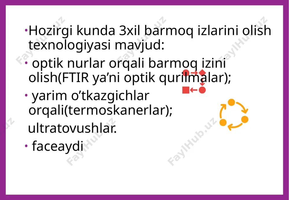 i autentifikatsiya uchun noyob ob’ekt hisoblanadi. ko’z to’r pardasi qon tomirlarining rasmi hatto egizaklarda ham farqlanadi. identifikatsiyalashning bu vositalaridan xavfsizlikning yuqori darajasi talab etilganida (masalan harbiy va mudofaa ob’ektlarining rejimli zonalarida) foydalaniladi. elektron imzo bo’yicha autentifikatsiyalash tizimi. imzoni tasdiqlash texnologiyasi insonni haqiqiyligini aniqlashda imzoning dinamik taxlillaridan foydalanadi. bu usul inson imzo qo’yayotgandagi bosim, tezlik va burchakka asoslanib ishlaydi. bu texnologiya insonni aniqlash uchun asosan qo’l imzosidan foydalanadi. elektronik yozuv stolidan imzo tezligi, yo’nalishi va koordinatalarini aniqlashda foydalaniladi. imzo dinamikasi bilan bog’liq hech qanday maxfiylik yoki kodlashlar taklif qilingani yo’q. ammo zamonaviy namunalar undan imzolanayotgan hujjatlar qo’shilayotganda foydalanadilar. masalan topaz sistemasida imzolangandan keyin hujjat qalbakilashtirishda imzo ko’zdan g’oyib bo’ladi. qo’lyozma imzoni tanib olish kompyuterning qog’oz hujjatlar, suratlar, sezuvchan monitorlar va boshqa qurilmalar kabi manbalardan qo’lda yozilgan imzoni qabul qilib uni qayta ishlash qobiliyatidir. autentifikatsiya tizimlarini amalda qo’llanilish darajasi. image1.png image2.png image3.svg image4.png image5.svg image10.png /docprops/thumbnail.jpeg