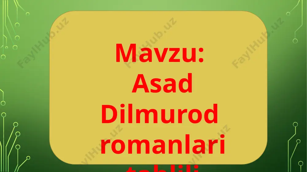 muhammad ko‘rganlar, jami: 2590 janr/bo‘lim: romanlar, hikoyalar muallif: asad dilmurod nashr yili: 2016 tili: o'zbek (kir) betlar: 528 nashriyot: g‘afur g‘ulom isbn raqami: 978-9943-03-774-8 kitob mahsulotlarining xarakteristikalari, yetkazib berish shartlari, tashqi ko'rinishi va rangi haqidagi ma'lumotlar faqat ma'lumot uchun mo'ljallangan va joylashtirilgan paytda mavjud bo'lgan eng so'nggi ma'lumotlarga asoslanadi. ilk hikoyalar to‘plami — “osmonning bir parchasi” (1978). “tosh burgut” (1979), “sirli zina” (1980), “sherdor” (1986), “mulk” va “girih” (1989), “tog‘lar, sukut saqlamang” (1987), “oq ajdar sayyorasi” (2000), “mezon burji” (2007) qissalari, “afrosiyob sukunati” (1983), “ko‘chki” (1991) kabi kitoblari nashr etilgan. “mahmud torobiy” (1998), “fano dashtidagi qush” (2001), “pahlavon muhammad” (2006) singari romanlar muallifi. asad dilmurod ko‘p yillar davomida “sharq yulduzi” jurnalining nasr bo‘limini boshqargan, o‘zbekiston yozuvchilar uyushmasining nasr kengashida faoliyat olib borgan edi. badiiy asar tahlili tahlil va talqin tushunchalari, ularning tushunish jarayonidagi nisbati haqida. badiiy asarni tushunish jarayonidagi obyеktiv va subyеktiv jihatlar haqida. kontеkstual va immanеnt tahlil. tahlil mеtodlari. …