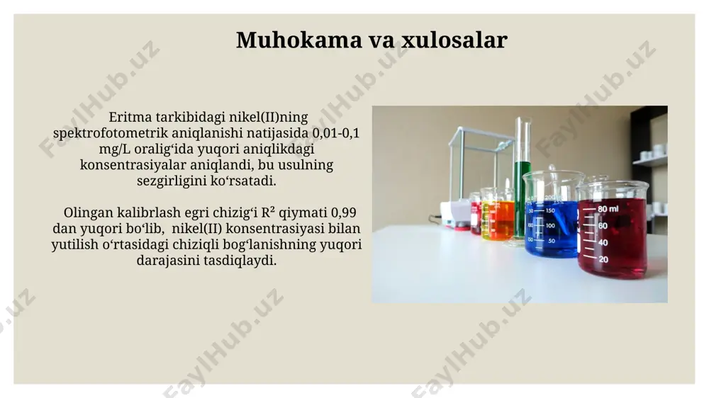 nadi. olingan natijalarni ishonchlilik darajasi 95% bo'lgan t-test yordamida statistik tahlil qilinadi va standart og'ish 0.005 dan kam bo'lishi kerak. tadqiqot maqsadi va vazifalari ushbu tadqiqotda, nikel(ii) ning dmg bilan hosil qilgan kompleks birikmasining 450 nm to'lqin uzunligidagi maksimal yutilishini o'lchash orqali miqdoriy aniqlash amalga oshiriladi va tekshiruv natijalariga ko'ra, standart deviatsiya hisoblanadi. tadqiqotning asosiy maqsadi eritma tarkibidagi nikel(ii) ionlarining konsentratsiyasini spektrofotometrik usul yordamida aniqlash va 0,1-10 ppm oralig'ida aniqlikni tekshirishdan iborat. reaktivlar va jihozlar eritmalarni tayyorlash va suyultirish uchun 10 ml, 25 ml va 50 ml hajmdagi pipetkalar va magnit aralashtirgich zarur bo'ladi. 0,01 m nikel(ii) eritmasi tayyorlash uchun 2,3768 gramm nikel(ii) sulfat geksahidrat (niso₄·6h₂o) aniq tortib olinib, 1000 ml gacha distillangan suvda eritiladi. takliflar analitik signallarni kuchaytirish va aniqlikni oshirish uchun, takliflar orasida proba eritmalarini tayyorlashda 1:10 yoki 1:20 nisbatlarida suyultirish tavsiya etiladi. eritma tarkibidagi nikel(ii) miqdorini spektrofotometrik usul bilan aniqlashda takliflar orasida 550 nm to'lqin uzunligida maksimal …