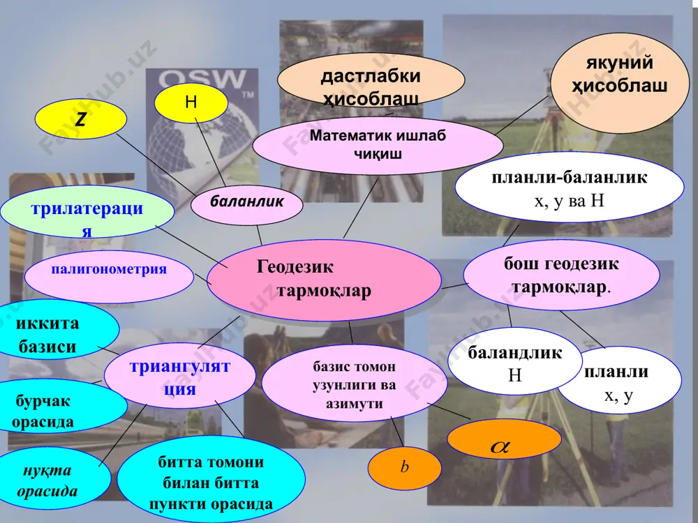 бу ўз навбатида тармоқни масштаблайди ва азимут бўйича ориентирлайди. триангуляция тармоғи турли физик-географик шароитларда қўллаш имконияти борлигидадир; тармоқдаги кўп сонли ортиқ ўлчашлар, барча ўлчанган миқдорларни бевосита далада назорат қилиш имконини беради; тармоқда қўшни жойлашган, айниқса узлуксиз пунктларни ўзаро ҳолатини юқори аниқликда аниқланади. давлат геодезик тармоқларини барпо этишда триангуляция усули энг кўп қўлланилади. триагуляция усулининг асосий афзаллиги триангуляция усулида учбурчаклар тармоғи тузилиб, учбурчакларнинг ҳамма бурчаклари ва бошланғич ҳамда охирги томонларнинг узунлиги ўлчанади. томонлардан бирининг узунлиги ва учбурчаклар бурчаклари орқали тармоқ учбурчакларининг томонлари ҳисобланади. носоз холдаги давлат геодезик пунктлари sxavam avab 308-guruh abdullayev ulug'bek 4.теодолит йўлини ўтказиш вақтида ўлчаш ишлари триангуляция усули билан давлат планли геодезик тармоғини хосил қилиш схемасини кўриб чиқамиз. биринчи навбатда 1- класс триангуляция учбурчаклари қатори меридиан ва параллеллар йўналиши бўйича қурилади. 2- класс триангуляцияси 1- класс полигонини ёппасига тўлдирувчи учбурчаклар тармоғи кўринишида қурилади. бу тармоқ ичида (тахминан ўртача қисмида) базиз томони ва шакл) ўлчаниб, унинг учларида астрономик кенглик, …