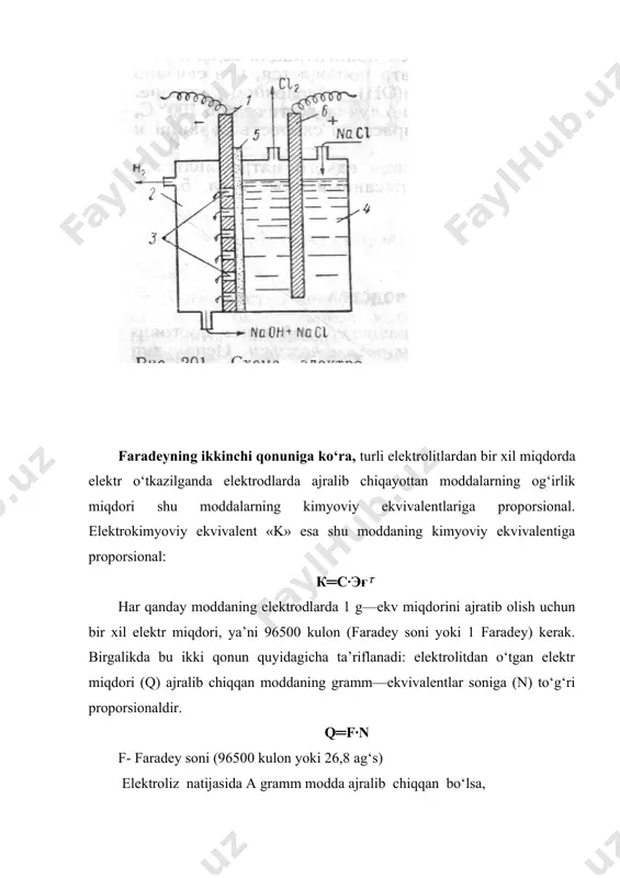 ori bo‘lishi kerakki, bunda ularning razryadlanish potensiali vodorod potensiali, ya’ni —0,415 v ga teng bo‘lsin, eritmada qolgan on- naq bilan katod yonida ishqor hosil qiladi. naqqoh~→ naoh va nacl bilan birgalikda vannadan chiqariladi va tozalanadi. anodda sl razryadlanib, с12 gazi hosil bo‘ladi. 2сl--2е~→2с1 2с1 → с12 (anod jarayoni) anodlar inert va faol bo‘lishi mumkin. faol anodlar elektroliz vaqtida oksidlanadi, inert anodlar o‘zgarmaydi. inert anodlarga grafit, ko‘mir, platinadan yasalgan elektrodlar kiradi. elektroliz natijasida olinadigan mahsulotlar toza bo‘lishi uchun katod va anod oraliqlarini ajratish kerak. buning uchun diafragma qo‘llaniladi va filtrlovchi vertikal diafragmali elektrolizyorlar ishlatiladi. elektrolizyorning anod sohasiga nay orqali uzluksiz osh tuzining konsentrlangan eritmasi (305 —310gg‘l) kiritiladi. elektrolit doimiy ravishda anod sohasidan diafragma teshiklari (kovaklari) orqali katod sohaga o‘tib boradi. katod sohasidagi vanna tubidagi nay orqali ishqor va parchalanmagan osh tuzidan iborat bo‘lgan suyuqlik chiqarilib turadi. naoh mikdori 100-300 gg‘l, nacl-180-200 gg‘l. gorizontal diafragmali elektroliz vannalarida hosil bo‘lgan ishqor konsentratsiyasi 120—130 …