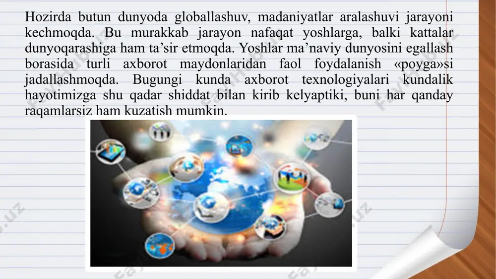 qilmoqda. foydalanilayotgan axborot vositalarining katta qismi asosan «twitter», «facebook», «odnoklassniki» kabi ijtimoiy tarmoqlar va video, audio portallarga to‘g‘ri kelsa, ma’lum bir qismigina zararli ta’sir etmaydigan, ilmiy, madaniy va ma’rifiy saytlardan iboratligini kuzatish mumkin. ma’lumotlarga qaraganda, bugungi kunda internet tarmo­g‘ida o‘z joniga qasd qilishning oson yo‘llarini targ‘ib qiluvchi 9 ming, shahvoniy mazmundagi 4 mingdan ziyod saytlar mavjud bo‘lsa, 49 foiz kompyuter o‘yinlari zo‘ravonlik va yovuzlikni targ‘ib qiladi. ayni vaqtda, 42 foiz bolalar va o‘smirlar on-layn tarzida tarqatiladigan pornografiya ta’siriga butunlay tobe bo‘lib qolgan. axborot globallashuvi jarayonida milliy axborot makonini shakllantirish, himoya qilish va uni rivojlantirishning tashkiliy-huquqiy asoslarini yaratish har bir davlatning strategik manfaatlari bilan hamohang bo‘lgan ustuvor vazifalar sirasiga kiradi. xalqaro eks­pertlar dunyo miqyosida 38 foiz bola zo‘ravonlik ruhidagi saytlarga, 26 foizi mil­latchilik xarakteridagi veb-sahifalarga muntazam kirishini tasdiqlamoqda. axborot globallashuvi jarayonida milliy axborot makonini shakllantirish, himoya qilish va uni rivojlantirishning tashkiliy-huquqiy asoslarini yaratish har bir davlatning strategik manfaatlari bilan hamohang bo‘lgan …