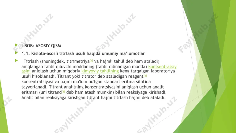 ekvivalentlik nuqtasi ph 8,4 boʻlsa, u holda fenolftalein indikatori alizarin sariq oʻrniga ishlatiladi, chunki fenolftalein indikator xatosini kamaytiradi. umumiy koʻrsatkichlar, ularning ranglari va rangini o'zgartiradigan ph diapazoni yuqoridagi jadvalda keltirilgan.[25] aniqroq natijalar talab qilinganda yoki reagentlar zaif kislota va zaif asos boʻlsa, ph oʻlchagich yoki oʻtkazuvchanlik oʻlchagich ishlatiladi. h oh- h2o reaksiyasi asosida bajariladigan aniqlashlarning hammasi kislota-asosli titrlash (neytrallanish, protolitometriya) usullariga kiradi. bu usul bilan barcha kislotalar, asoslar va ular bilan reaksiyaga kirishuvchi moddalarning miqdori hamda kuchsiz kislota anioni bilan yomon eriydigan birikmalar hosil qiluvchi kationlar (pbcro4, cac2o4, ag2cro4) aniqlanadi. protolitometriya usullaridan foydalanib gidrolizlanish natijasida kuchli ishqor va kislotalar hosil qiluvchi tuzlarni ham aniqlash mumkin. bu usullarda asosiy ishchi eritmalari sifatida odatda hcl yoki h2so4 va naoh yoki koh lar ishlatiladi. bu moddalar dastlabki, boshlang‘ich, birlamchi standart moddalarga qo‘yiladigan talablarga javob bermaydi. shuning uchun ham ularning taxminiy konsentratsiyali eritmalari tayyorlanadi va so‘ngra ularning konsentratsiyalari (titri) birlamchi standartlar (na2b4o7·h2o yoki na2co3 …