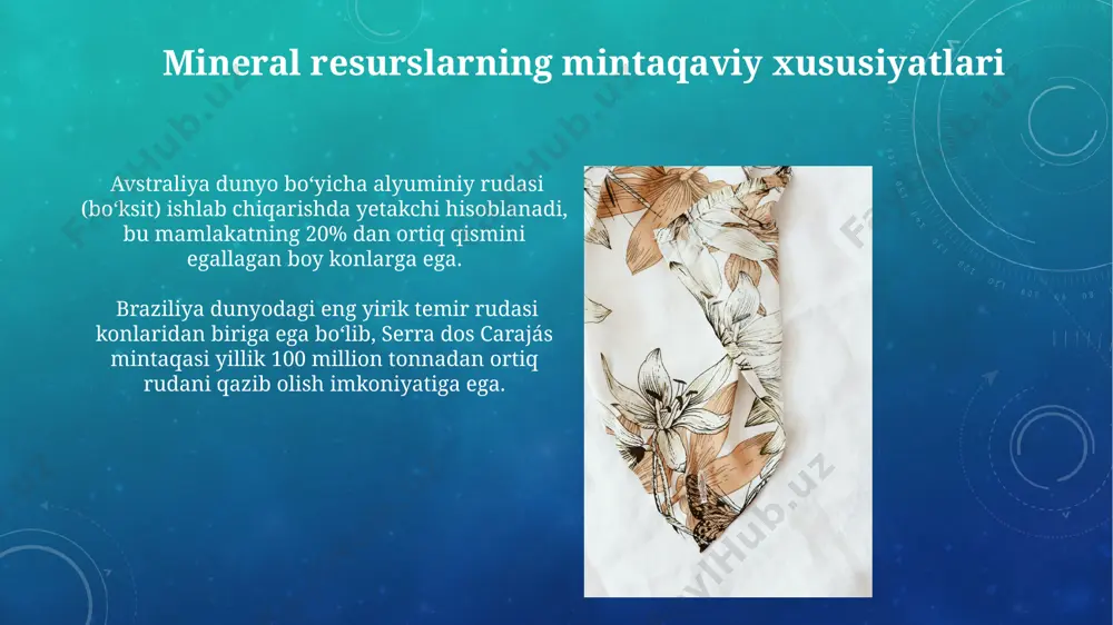 ari (qozogʻistonning shimoliy hududlari) mavjud boʻlib, ularning hosil boʻlishi magmatik jarayonlar bilan bogʻliq. mineral resurslarning iqtisodiy ahamiyati rossiyaning sibir mintaqasidagi gaz va neft konlari 2021-yilda 1 trillion rubldan ortiq daromad keltirib, mamlakat byudjetining muhim qismini tashkil etdi va mintaqa rivojlanishiga sezilarli ta’sir koʻrsatdi. jahon boʻyicha temir rudasi konlarining 70% ga yaqini xitoy, braziliya va avstraliya kabi mamlakatlarda joylashgan boʻlib, bu mamlakatlarning global poʻlat ishlab chiqarishidagi ustunligini belgilaydi. e'tiboringiz uchun rahmat @taqdimot_robot image3.png image4.jpg image5.jpg image6.jpg image7.jpg image8.jpg image9.jpg image10.jpg image11.jpg image12.jpg