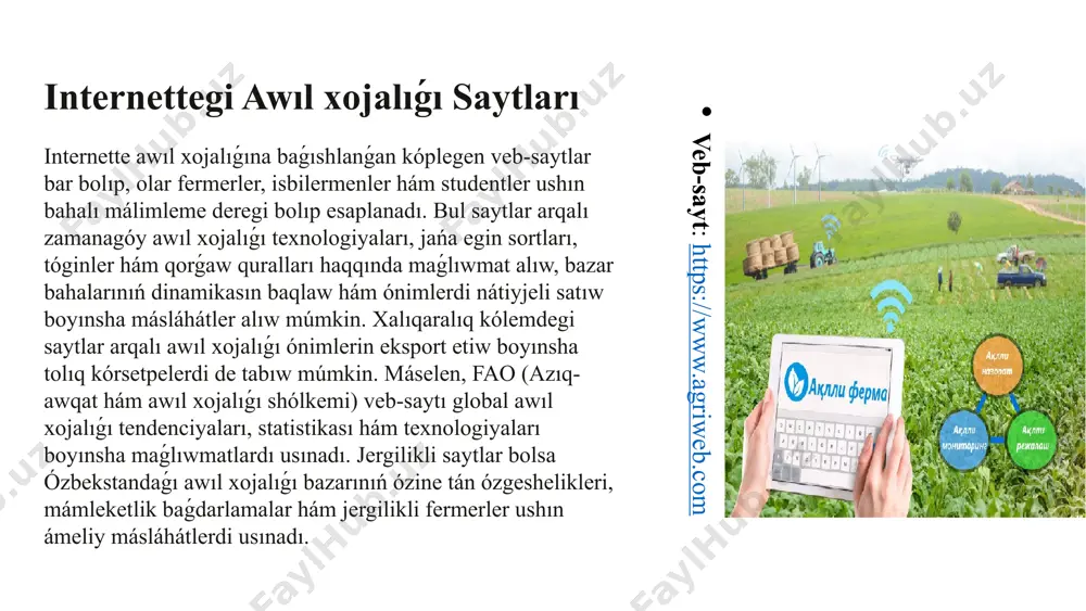 aw ushın ájayıp platforma bolıp xızmet etedi. soraw-juwap fermerler qánigelerge sorawlar beriwi, mashqalaları boyınsha járdem alıwı yamasa basqa fermerlerden másláhát alıwı múmkin. jańalıqlar awıl xojalıǵı forumlarında tarawdıń eń sońǵı jańalıqları, texnologiyaları hám mámleketlik baǵdarlamalar haqqında maǵlıwmat alıw múmkin. 5 awıl xojalıǵı forumları - bul awıl xojalıǵı, agrar ekonomika, fermerlik, agrotexnika hám agro biznes tarawlarındaǵı áhmietli temalardı dodalaw ushın shólkemlestirilgen májilisler, seminarlar yamasa onlayn platformalar bolıp esaplanadı. bul forumlar ilimiy izertlewler, tájiriybe almasıw, jańa texnologiyalardı engiziw, awıl xojalıǵı tarawındaǵı mashqalalardı sheshiw hám innovaciyalardı qollap-quwatlawǵa qaratılǵan. awıl xojalıǵı forumlarınıń ayırım áhmiyetli tárepleri: jańalıqlar hám texnologiyalar: jańa texnologiyalar, usıllar hám usıllardı tanıstırıw, awıl xojalıǵında básekige shıdamlılıqtı arttırıwǵa járdemlesiw. tájiriybe almasıw: fermerler hám qánigeler óz tájiriybelerin bólisedi, jańa kózqaraslar hám sheshimlerdi izleydi. izertlew hám ilimiy qollanbalar: awıl xojalıǵı tarawındaǵı ilimiy izertlewler nátiyjeleri menen tanıstırıw, olardı ámeliyatqa engiziw. mámleketler aralıq birge islesiw: forumlar xalıqaralıq dárejede de bolıp ótiwi múmkin, bul bolsa basqa mámleketlerdiń tájiriybesin úyreniw …