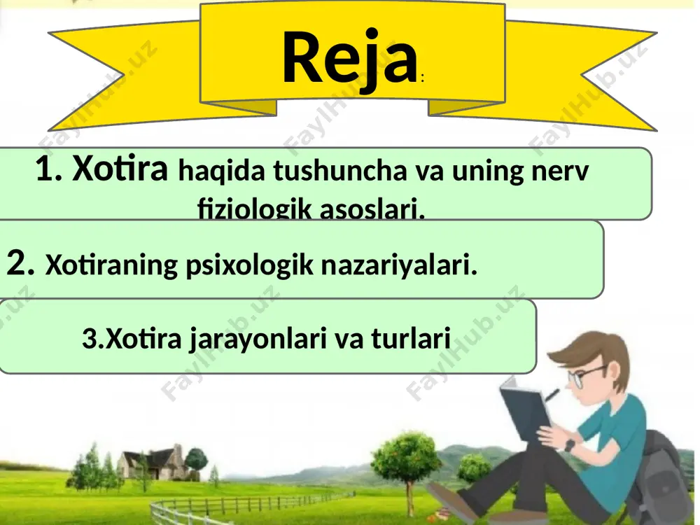 suhbatlashib turilganda) oʻz-oʻzidan esda saqlab qolinadi. barqarorligi jihatdan ixtiyoriy xotira ixtiyorsiz xotiradan samaraliroq. xotira xususiyatlarining orasida uning quyidagi tabiiy xossalari ajratiladi: yodda saqlash tezligi – axborotni xotirada saqlab qolish uchun zarur bo‘lgan takrorlashlar soni unutish tezligi – esda qolganlarning xotirada saqlanish muddati faqat xotira insoniylik madaniyatining yo‘qolib ketmasligiga, tafakkurimizning tadbiq etilishiga va tuyg‘ularimizning kechishiga ko‘mak beradi. ruhiy maqsad faoliyatiga binoan: a)ixtiyorsiz b) ixtiyoriy c) mexanik ruhiy faoliyat davomiyligiga kõra: a)qisqa muddatli b)uzoq muddat c)operativ xotira eʼtiboringiz uchun tashakkur image1.jpeg image2.jpeg