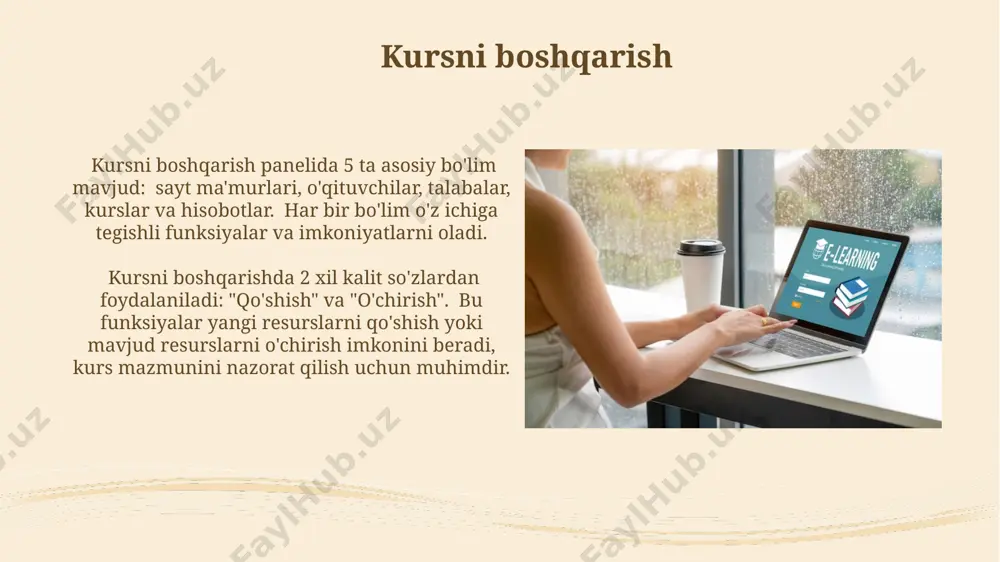riga yoki ma'lum bir guruhga kirish huquqini berishlari mumkin. topshiriqlarni yaratish va baholash topshiriqlarni turli formatlarda (masalan, testlar, insholar, topshiriqlar) yaratish va ularga ballarni 100 balldan 50 ballgacha bo'lgan diapazonda taqsimlash imkoniyatini beradi. har bir topshiriq uchun topshirish muddati, kechiktirishga ruxsat berish va topshiriq tavsifini batafsil yozib qo'yish imkoniyatlari mavjud. xavfsizlik va maxfiylik kurs sozlamalarida 3 ta turli darajadagi kirish huquqlari (o'qituvchi, talaba, mehmon) mavjud bo'lib, ma'lumotlarga kirishni nazorat qilish imkonini beradi. moodle'da 256 bitlik aes shifrlash orqali kurs materiallari va foydalanuvchi ma'lumotlarining maxfiyligi ta'minlanadi, bu esa noqonuniy kirishdan himoya qiladi. e'tiboringiz uchun rahmat @taqdimot_robot image2.jpg image3.jpg image4.jpg image5.jpg image6.jpg image7.jpg image8.jpg image9.jpg image10.jpg image11.jpg image12.jpg image13.jpg image14.jpg image15.jpg image16.jpg image17.jpg image18.jpg