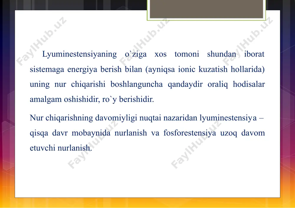 o`rtasidagi masofao`zgarmaydi desak, aylanayotgan molekulani ozod o`qli qattiq qarash mumkin. ozod qattiq rotator uchun potensial energiya u=0 (tashqi ta’sir yo`q); w–u = t. bu yerda t–kinetik energiya, w–umumiy energiya: aylanma harakat uchun imnulisning kvadratip2emas, implus momentining kvanti muhim ahamiyatga ega. massa o`rnida esa inersiya momenti qo`llaniladi. demak, 2 m o`ringa 210–2m02qo`yilishi o`rinlidir. shunday qilibkelib chiqadiqattiq rotator uchun shrefinter yechimi yo`li bilan umumiy energiya w w hb0i(i+l) ifoda topilgan. demak, aylanma harakat energiyasi kvantlangan ekan kvant soni deyiladi, y 0. 1. 2 kabi butun son qiymatlariga ega bo`ladi. bu ifodadan foydalanib, aylanma o`tishlar spektrlari vositasida qattiq rotatorning atomlariningyadrolari o`rtasidagi masofa r0ni xisoblab topamiz. umuman olganda aylanayotgan 2 atomli molekulani qattiq rotator deb bo`lmaydi. uning atom yadrolari orasida masofa aylanish kvant soni ortib borishi bilan o`zgaradi ortadi. bu esa aylanma pog`onalar energiyasining o`zgarishga olib keladi. o`rnigaformulasidan foydalanish maqsadga muvofiqdir. aylanma harakat molekula harakatlaridan energiyani eng kam talab qilganlaridan bo`lganligi uchun juda past …