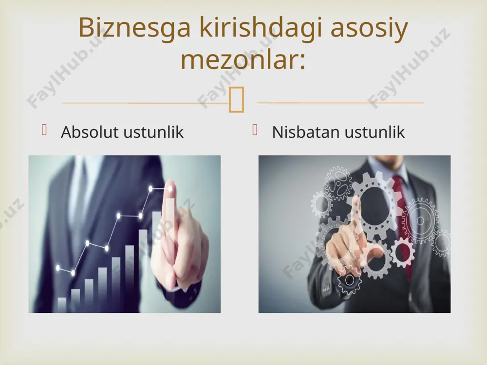 turga bo'lishadi: *biznes uchun ishlab chiqariluvchi mahsulotlar yoki xizmatlar; *oddiy iste'molchi uchun ishlab chiqariluvchi mahsulotlar yoki xizmatlar. tashqi omillar. tashqi omillar - bu korxona tashqarisidagi muhit. odatda korxonalar tashqi atrof-muhit bilan yaqin hamkorlikda rivojlanadi. aynan shu tashqi omillar korxona qanday mahsulot ishlab chiqarishi yoki qanday turdagi xizmatlar ko'rsatishi kerakligini aniqlaydi. quyida asosiy tashqi omillar keltirilgan: 1. hukumatning istisodiy yo‘nalishi; 2. mamlakatdagi ayni davrdagi iqtisodiy holat; 3. dunyodagi inqirozli holatlar. foyda olish modellari. biznes pulsiz juda yomon ishlaydi. bekorga pul - iqtisodiyotning qoni deb aytishmagan. biznesdan foyda olish modellarini tushunish uchun ularni bir nechtasini o'rganish kerak bo'ladi.  1. siz uchun biznes nima? 2. qanday biznes turini bilasiz (yoki shug’illangansiz)? 3. biznes bilan shug’illanish uchun qancha mablag’ kerak deb o’ylaysiz? 4. shaxsiy biznes boshlashda nimalarga katta e’tibor berish kerak? 5. o‘zbekiston bozorida qanday biznes muvaffaqqiyat keltiradi deb o’ylaysiz? savollar  e’tiboringiz uchun rahmat!  image3.png image4.png image5.png image6.png image7.png image8.png image9.png …