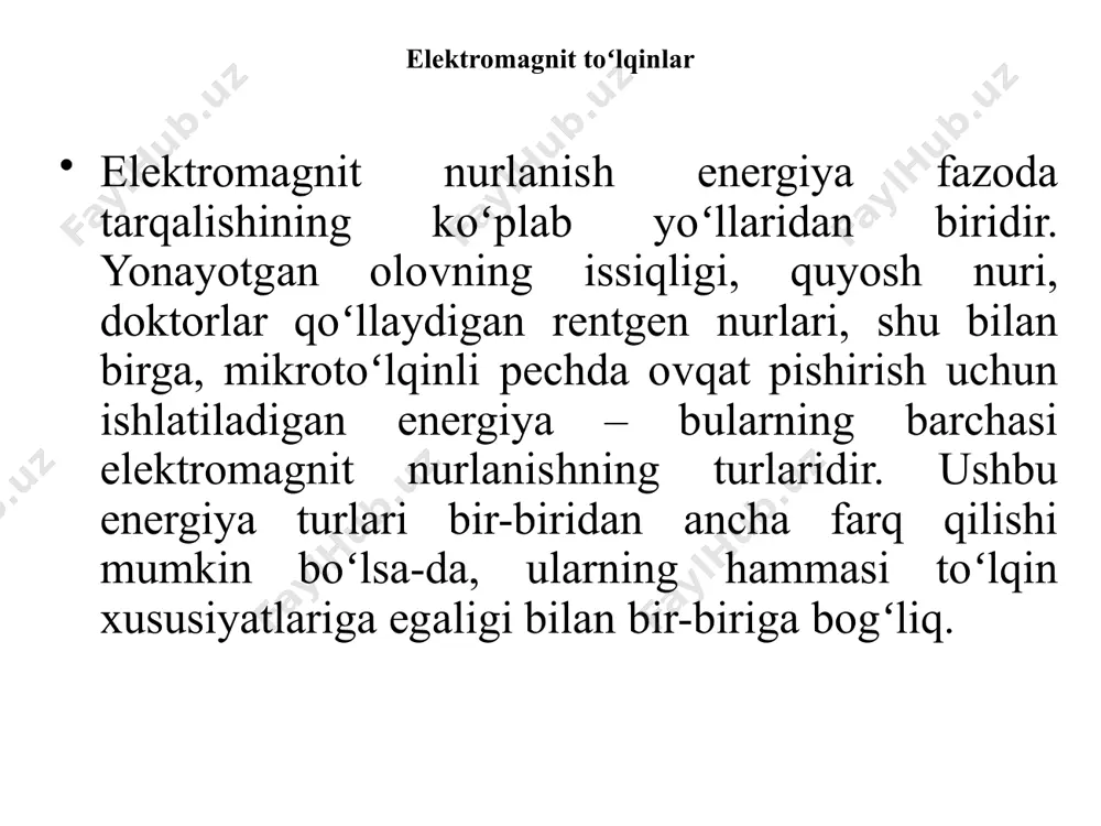 ​ 2.rentgen nurlari diffraksiyasining tarixi 1895 yilda rentgen tomonidan rentgen nurlari kashf etilgan. 1914 yil knipping va laue tomonidan kristalning birinchi diffraktsiya fon naqshlari yaratilgan 1915 bragg tomonidan diffraktsiya naqshidan kristal tuzilishini aniqlash nazariyasi ishlab chiqilgan rentgen nurlari difraksiyasi — rentgen nurlarining kristallarda yoki suyuk/suyuq va gaz molekulalarida sochilishi natijasida ekranda hosil boʻladigan difraksion manzara. rentgen nurlari hosil bo’lishi yuqori energiyali elektronlar muhrlangan anodga urilganda vakuum, rentgen nurlari hosil bo'ladi . anodlar ko'pincha mis, temir yoki molibdendan tayyorlanadi. rentgen nurlari elektromagnit nurlanishdir. ular ionlanishni keltirib chiqarish uchun yetarli energiyaga ega. rentgen nurlarining asosiy xususiyatlari: kirish, singish va tarqalish, ba’zi moddalami yoritish (lyuminessentsiya), fotokimyoviy, ion hosil qilish va biologik ta’sir ko‘rsatish rentgen nurlari to‘g‘ri chiziqdek tarqaladi, tezligi yorugiik nuriga teng, zaryadi yo’q bo’lib, kvant nurlari qatoriga kiradi. gamma nuri bilan bir xil ta’sir ko‘rsatadi. u ko‘zga ko'rinmaydi, hidi yo‘q, rangsiz bo‘lib, odamning badanidan o‘tganda, kishi hech narsa sezmaydi. nurlarning ichga kirish …