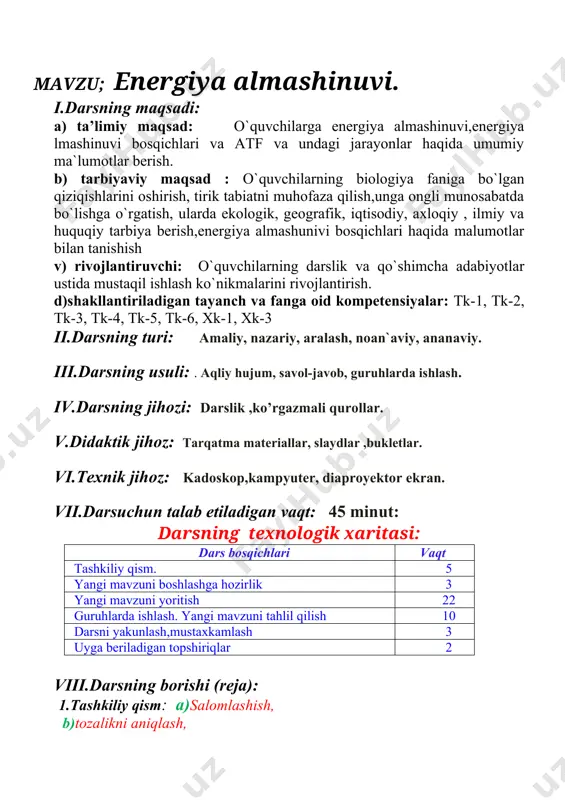 o’quvchilar javob beradilar ! x.yangi mavzu bayoni: yangi mavzuni mustahkamlash bir mol (180гр) glyukoza (c6 h12 o6 ) bosqichma bosqich to'liq parchalanishi jarayonida xosill bo'ladigan birikma va moddalar quydagilar; - 6 mol c o2 - 44 mol h2 o - 38 atf - 2800 kj energiya - 1520 kj atf da to’planadi - 1280 kj issiqlikka ajraladi yuqoridagi malumotlardan foydalanib,o’quvchilar o’zingiz ushbu jadvalni energiya almashunivi bosqichlari asosida jadvalning bo’sh kataklarini to’ldiring. c6 h12 o6 miqdori c6 h12 o6 massasi c o2 molekulasi h2 o molekulasi atf molekula lari atf da to’plangan energiya issiqlikka ajralgan energiya 2560 kj 30 1080 gr 304 6080 7 yangi mavzuni mustaxkamlash; 5. dissimilatsiya jarayonida qanday jarayon hosil bo’ladi ? 6. 1 molekula glyukoza parchalanganda qancha energiya jaralib chiqadi ? uyga vazifa: energiya almashinuvi bosqichlari mavzuni o`qib o`rganib kelish foydalanilgan adabiyotlar: 9-sinf darsligi, qo`shmcha adabiyotlar image1.png image2.png image3.png image4.png