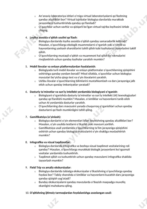 ko‘rgazmali qilishda muhim rol o‘ynaydi. noan'anaviy usullar o‘quvchilarda darsga qiziqish uyg‘otadi va o‘quv jarayonini innovatsion texnologiyalar bilan boyitishga yordam beradi. quyida biologiya darslarida noan'anaviy usullar va texnik vositalarni qo‘llash bo‘yicha nazariy muammoli topshiriqlar keltirilgan. biologiya darslarida noan'anaviy usullar va texnik vositalardan foydalanish bo‘yicha muammoli topshiriqlar 1. biologiyada interaktiv o‘quv usullarining ahamiyatini tahlil qilish: · dars jarayonida interaktiv o‘quv usullaridan foydalanishning o‘quvchilarga qanday ijobiy ta’siri bor? · misol sifatida, guruhlarda muammolarni hal qilish yoki muhokama usullarini qo‘llash orqali bilimni oshirishning samaradorligini tahlil qiling. 2. videodarslar va simulyatsiyalardan foydalanish: · biologiya darslarida murakkab jarayonlarni tushuntirish uchun videodarslar va simulyatsiyalar qanday afzalliklarga ega? masalan, hujayra tuzilishi yoki modda almashinuvi kabi mavzularni tushuntirishda bu usullar qanday yordam beradi? · o‘quvchilarning ushbu vositalar bilan ishlashiga asoslangan darsning samaradorligini muhokama qiling. 3. virtual laboratoriya ishlari va tajribalar: · an’anaviy laboratoriya ishlari o‘rniga virtual laboratoriyalarni qo‘llashning qanday afzalliklari bor? virtual tajribalar biologiya darslarida murakkab jarayonlarni tushuntirishda qanday …