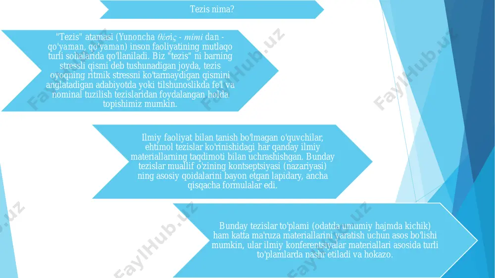 atishda, avvalo, referatlar allaqachon mavjud bo'lgan materiallar asosida tuziladimi yoki kelajakda bunday materialni yaratish uchun "kontseptual asos" ga aylanishi kerakligi to'g'risida qaror qabul qilish kerak. agar biz referat yozish kerak bo'lgan tayyor ish bilan shug'ullanadigan bo'lsak, unda butun asarni qayta o'qish va undagi eng muhim tarkibiy elementlarni ajratib ko'rsatish tavsiya etiladi; har bir bunday asardan eng muhim g'oyalarni ajratib olish va ularni to'liq aniq fikr shaklida shakllantirish kerak (bu bizning tezislarimiz bo'ladi); bunday tezislarning umumiyligi asosiy matnning umumiy tuzilishini aks ettirgan holda mantiqan birlashtirilishi kerak; sizning ishingiz natijasi siz tahlil qilgan materialning asosiy g'oyalarining mantiqiy ketma- ketligini o'z ichiga olgan kichik material (maqola) bo'ladi. ushbu tezislar bilan tanishish o'quvchiga asosiy materialning umumiy tushunchasi, uning asosiy fikrlari, tuzilishi va boshqalarni tushunish imkoniyatini berishi kerak. agar bizda allaqachon materiallar mavjud bo'lsa: sizning tezisingizni yozganingizdan yoki yozib tugatganingizdan so'ng, o'zingizning tezis bayonotingizni tahlil qiling. maqsad sizning tezisingizni zaiflashtiradigan xatolarga yo'l qo'ymaslikdir. nima qilish …
