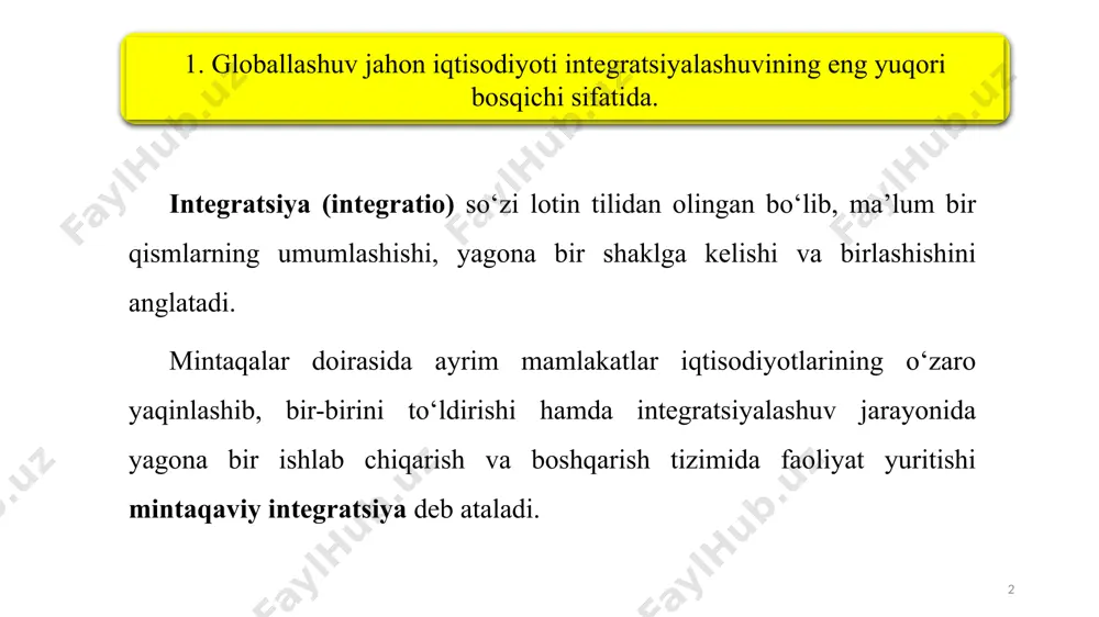 vi va markazlashuvi. xo‘jalik hayotining transmilliylashuvi, ya’ni yirik transmilliy kompaniyalar va moliya guruhlarining rivojlanishi. jahon va milliy darajadagi bozor raqobati. fan texnika taraqqiyoti. texnologik innovatsiya taraqqiyoti. iqtisodiy faoliyat (xo‘jalik hayoti)ning erkinlashuvi. xizmat va kapital bozorini tartibga solishning qisqarishi. jahon xo‘jaligi erkinlashuvi jarayonining kuchayishi. 5 moliyaviy resurslarning nisbatan faol harakati jahon moliyaviy markazlari orqali yuz bera boshladi. ushbu markazlar qatoriga yevropada – london, frankfurt, parij, syurix, jeneva, lyuksemburg; amerikada – nyu-york va chikago, osiyoda – tokio, singapur, syangan, bahrayn kabi moliyaviy markazlarni kiritish mumkin. so‘nggi yillardagi o‘zgarishlar natijasi sifatida mintaqaviy moliyaviy markazlar qatoriga keyptaun, san-paolo, shanxay va boshqalar qo‘- shilgan bo‘lsa, karib dengizi basseynidagi ayrim ofshor markazlari – panama, bermud, bagam, kayman va antil orollari bir qancha vaqtdan buyon jahon moliyaviy markazlari sifatida faoliyat olib bormoqda. 6 globallashuv jarayonini harakatlantiruvchi kuchlarning yana biri bu – iqtisodiy faoliyatning transmilliylashuvi, ya’ni yirik transmilliy kompaniyalar va moliya guruhlarining rivojlanishidir. tmklar “kolonial-xomashyo” shaklidan global kompaniyalar …