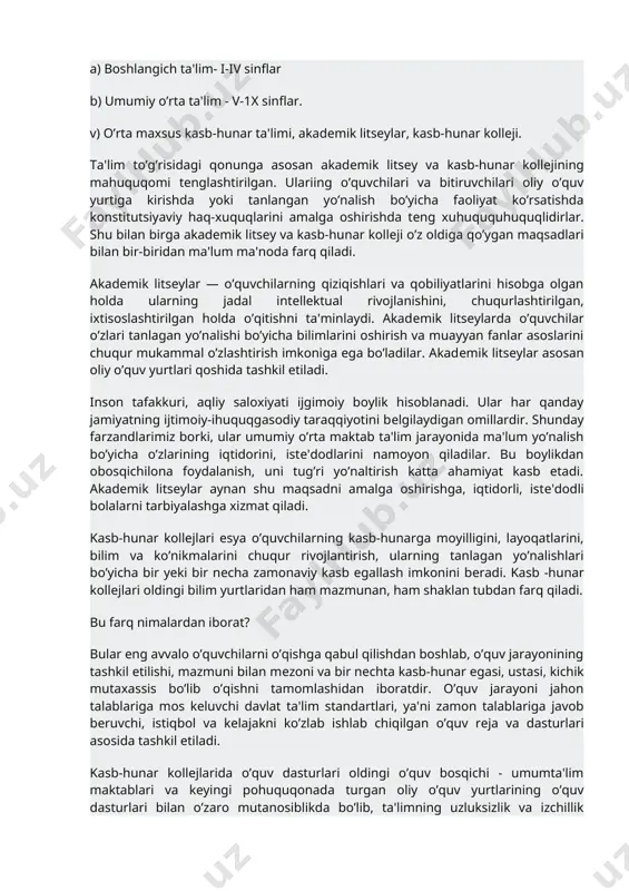 irilgan. ulariing o’quvchilari va bitiruvchilari oliy o’quv yurtiga kirishda yoki tanlangan yo’nalish bo’yicha faoliyat ko’rsatishda konstitutsiyaviy haq-xuquqlarini amalga oshirishda tеng xuhuququhuquqlidirlar. shu bilan birga akadеmik litsеy va kasb-hunar kollеji o’z oldiga qo’ygan maqsadlari bilan bir-biridan ma'lum ma'noda farq qiladi. akadеmik litsеylar — o’quvchilarning qiziqishlari va qobiliyatlarini hisobga olgan holda ularning jadal intеllеktual rivojlanishini, chuqurlashtirilgan, ixtisoslashtirilgan holda o’qitishni ta'minlaydi. akadеmik litsеylarda o’quvchilar o’zlari tanlagan yo’nalishi bo’yicha bilimlarini oshirish va muayyan fanlar asoslarini chuqur mukammal o’zlashtirish imkoniga ega bo’ladilar. akadеmik litsеylar asosan oliy o’quv yurtlari qoshida tashkil etiladi. inson tafakkuri, aqliy saloxiyati ijgimoiy boylik hisoblanadi. ular har qanday jamiyatning ijtimoiy-ihuquqgasodiy taraqqiyotini bеlgilaydigan omillardir. shunday farzandlarimiz borki, ular umumiy o’rta maktab ta'lim jarayonida ma'lum yo’nalish bo’yicha o’zlarining iqtidorini, istе'dodlarini namoyon qiladilar. bu boylikdan obosqichilona foydalanish, uni tug’ri yo’naltirish katta ahamiyat kasb etadi. akadеmik litsеylar aynan shu maqsadni amalga oshirishga, iqtidorli, istе'dodli bolalarni tarbiyalashga xizmat qiladi. kasb-hunar kollеjlari esya o’quvchilarning kasb-hunarga moyilligini, layoqatlarini, bilim …