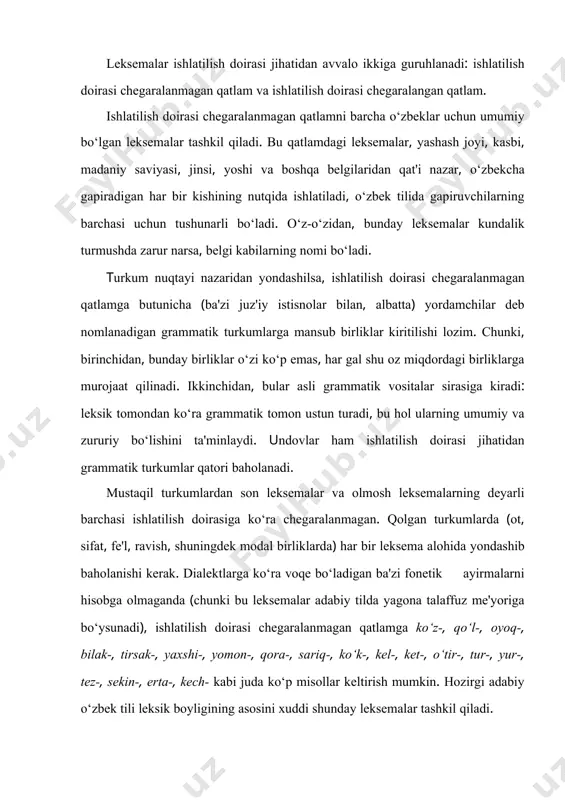 ‘ysunadi), ishlatilish doirasi chegaralanmagan qatlamga ko‘z-, qo‘l-, oyoq-, bilak-, tirsak-, yaxshi-, yomon-, qora-, sariq-, ko‘k-, kel-, ket-, o‘tir-, tur-, yur-, tez-, sekin-, erta-, kech- kabi juda ko‘p misollar keltirish mumkin. hozirgi adabiy o‘zbek tili leksik boyligining asosini xuddi shunday leksemalar tashkil qiladi. leksemalarning ishlatilish doirasi jihatidan chegaralanishi turlicha. shunga ko‘ra chegaralangan qatlam o‘z navbatida ikkiga guruhlanadi: ishlatilishi territoriyaga ko‘ra chegaralangan leksemalar va ishlatilishi kasb-korga ko‘ra chegaralangan leksemalar. ishlatilishi territoriyaga ko‘ra chegaralangan til hodisalari dialektizm deyi-ladi (yunoncha dialеktos - (tilning mahalliy ko‘rinishi(). dialektizm – umumtilga emas, balki shu umumtilning mahalliy ko‘ri-nishlari bo‘lgan dialektlarga xos hodisa; shunga ko‘ra bular odatda biror dialektning vakillari nutqida ishlatilib, ko‘pincha boshqa dialektlarning vakillariga, shuningdek adabiy tilga ham xos bo‘lmaydi. dialektizm asosan uch turli: 1. lug‘aviy dialektizm – lug‘aviy birliklardagi turi (misollari quyiroq-da). 2. grammatik dialektizm – grammatik hodisalardagi turi (masalan, ba'zi dialektlarda o‘rin ma'nosi uchun -ga, aksincha, jo‘nalish ma'nosi uchun -da ishlatilishi kabi). 3. fonetik dialektizm …